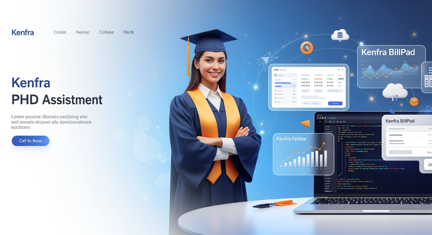 AI Design for Create a premium, modern website hero banner for Kenfra, a company providing PhD assistance, software development, CRM , Kenfra billpad , and Kenfra finStar . The scene should feature a confident PhD graduate/researcher in graduation attire standing beside a sleek laptop displaying software development code. Surround the laptop with elegant floating UI elements including a CRM dashboard, billing invoice panel, financial analytics charts, growth graphs, cloud technology icons, and digital business management interfaces.

Use a professional corporate style with a blue, orange, and white color palette matching Kenfra branding. The left side should have clean space for website text and CTA buttons, while the right side showcases the integrated technology ecosystem. Include subtle futuristic elements, modern glassmorphism effects, soft lighting, depth of field, and premium 3D illustrations.

The image should communicate innovation, research excellence, business growth, digital transformation, and all-in-one solutions. High-end corporate website banner, ultra-realistic, 4K quality, sharp details, professional marketing design, wide hero section, 16:9 aspect ratio, modern SaaS landing page aesthetic, no watermark, no extra text.