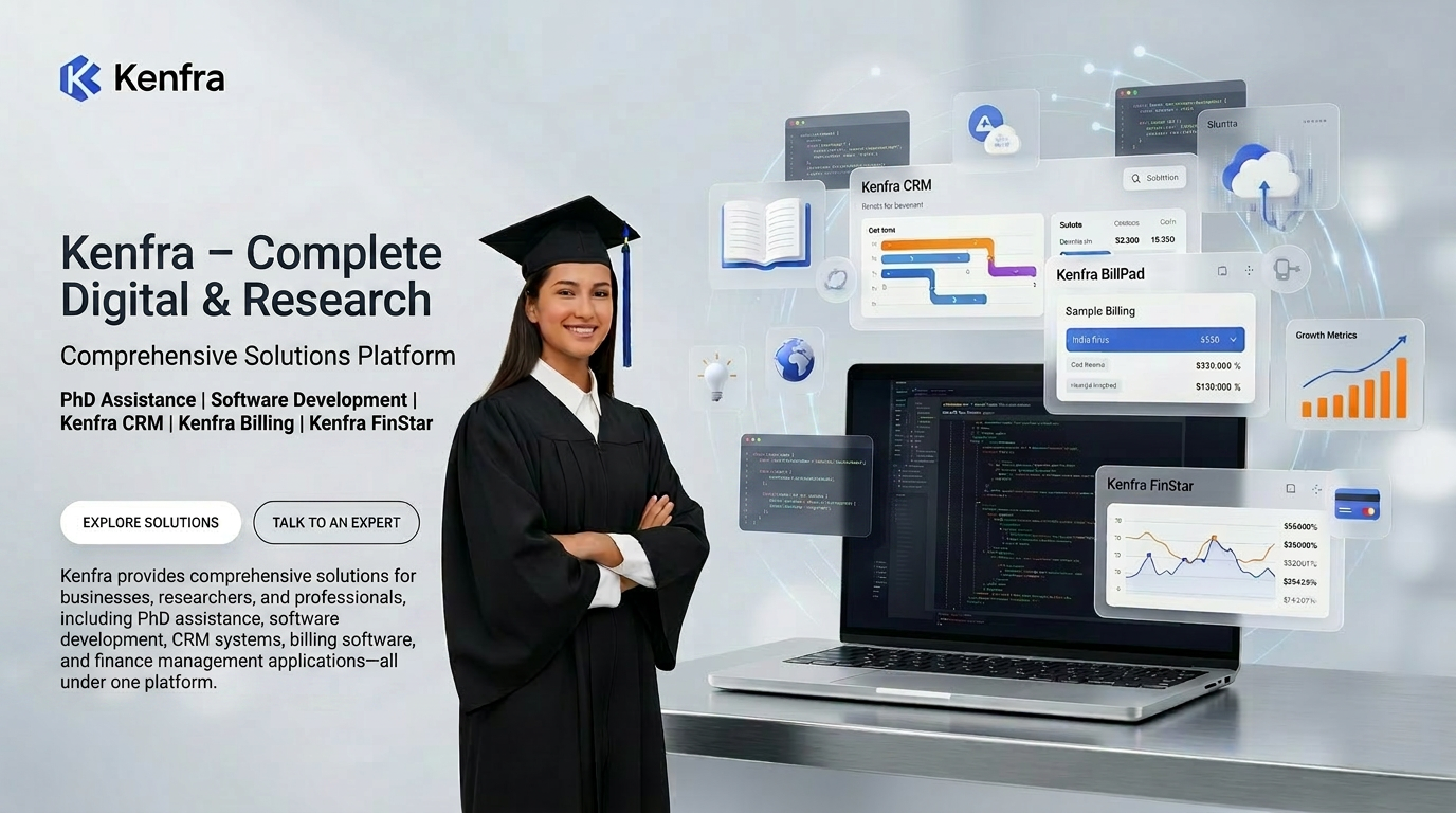 AI Design for Kenfra – Complete Digital & Research Solutions

Sub Heading

PhD Assistance | Software Development | Kenfra CRM | Kenfra Billing  | Kenfra FinStar 

Description

Kenfra provides comprehensive solutions for businesses, researchers, and professionals, including PhD assistance, software development, CRM systems, billing software, and finance management applications—all under one platform.