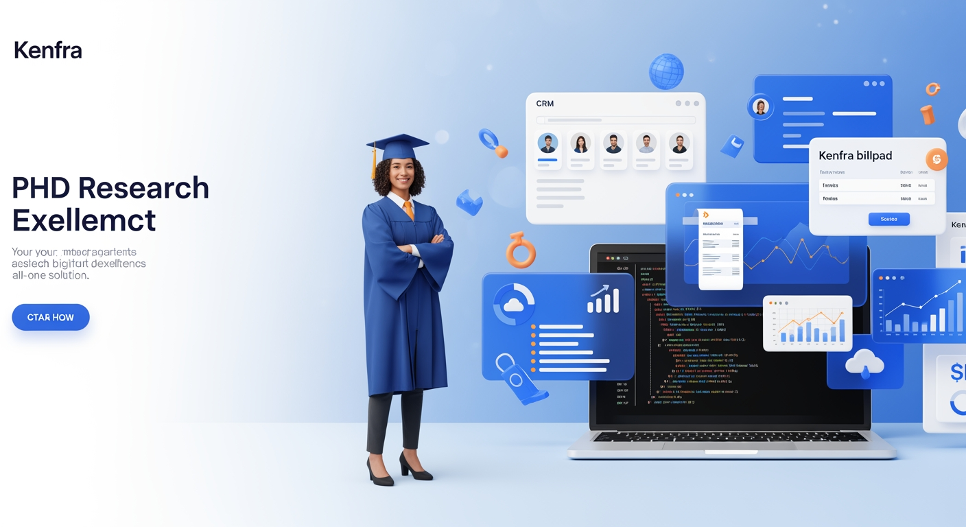 AI Design for Create a premium, modern website hero banner for Kenfra, a company providing PhD assistance, software development, CRM , Kenfra billpad , and Kenfra finStar . The scene should feature a confident PhD graduate/researcher in graduation attire standing beside a sleek laptop displaying software development code. Surround the laptop with elegant floating UI elements including a CRM dashboard, billing invoice panel, financial analytics charts, growth graphs, cloud technology icons, and digital business management interfaces.

Use a professional corporate style with a blue, orange, and white color palette matching Kenfra branding. The left side should have clean space for website text and CTA buttons, while the right side showcases the integrated technology ecosystem. Include subtle futuristic elements, modern glassmorphism effects, soft lighting, depth of field, and premium 3D illustrations.

The image should communicate innovation, research excellence, business growth, digital transformation, and all-in-one solutions. High-end corporate website banner, ultra-realistic, 4K quality, sharp details, professional marketing design, wide hero section, 16:9 aspect ratio, modern SaaS landing page aesthetic, no watermark, no extra text.