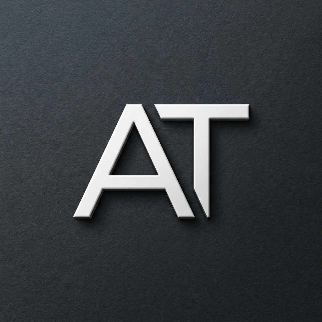 AI Design for A sophisticated and minimalist logo featuring the letters 'AT' in a clean, modern sans-serif typography. The design features a crisp white color palette set against a subtle, dark charcoal textured background, enhanced by a professional 3D emboss effect that adds depth and tactile realism to the lettering.
