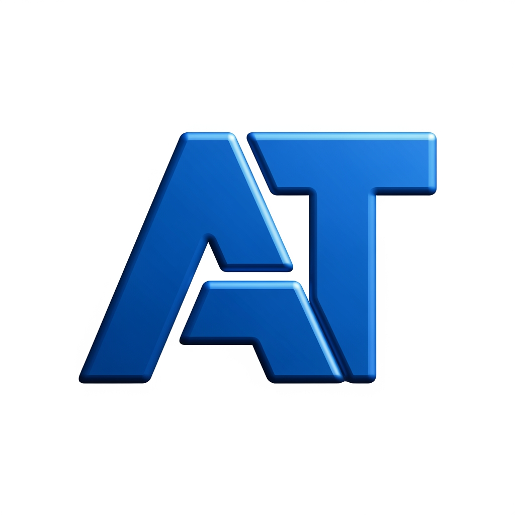 AI Design for I want to create a logo for my business with the alphabet of 'AT' kindly create with proper sign letter with an emboss model , can you please show this in the blue font no without background, collab with a and t with one letter