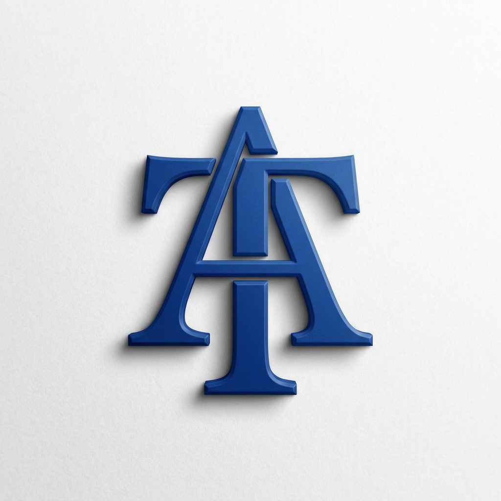 AI Design for A sophisticated, minimalist logo design featuring the letters 'A' and 'T' seamlessly intertwined into a single, cohesive monogram. The design features a professional embossed 3D effect with clean, sharp edges, rendered in a bold, vibrant royal blue finish against a solid white background for easy extraction. The composition is balanced and symmetrical, emphasizing high-end luxury and modern professional aesthetics.