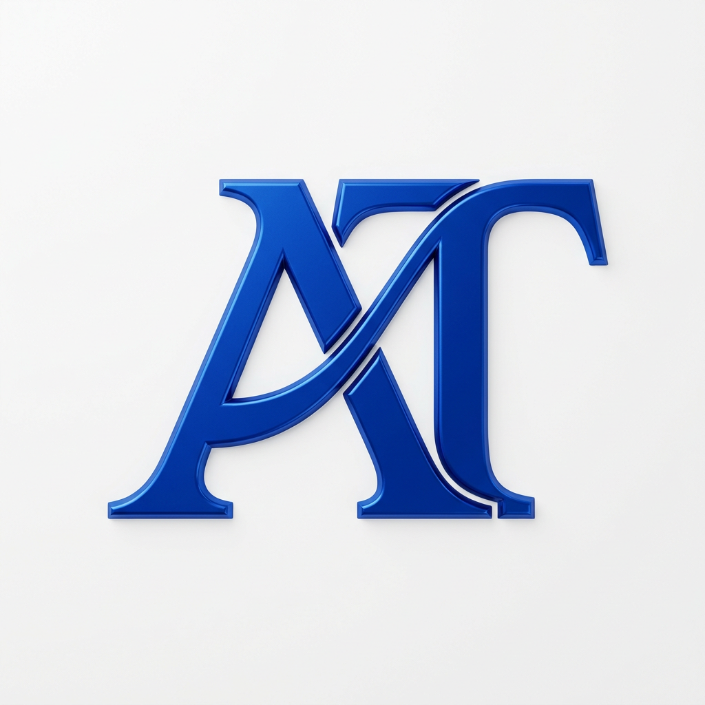AI Design for A sophisticated, minimalist logo design featuring the letters 'A' and 'T' seamlessly intertwined into a single, cohesive monogram. The design features a professional embossed 3D effect with clean, sharp edges, rendered in a bold, vibrant royal blue finish against a solid white background for easy extraction. The composition is balanced and symmetrical, emphasizing high-end luxury and modern professional aesthetics.