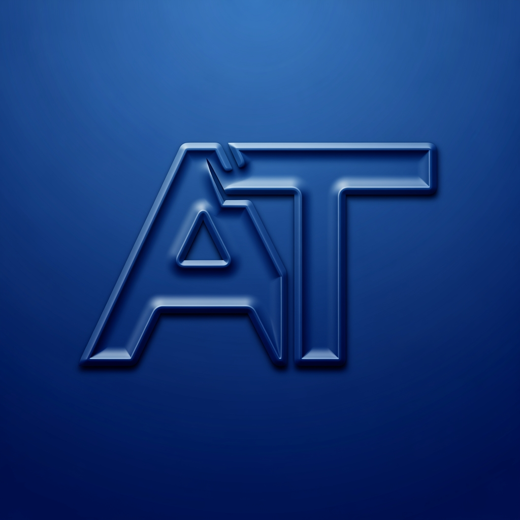 AI Design for I want to create a logo for my business with the alphabet of 'AT' kindly create with proper sign letter with an emboss model , can you please show this in the blue font no without background, collab with a and t with one letter