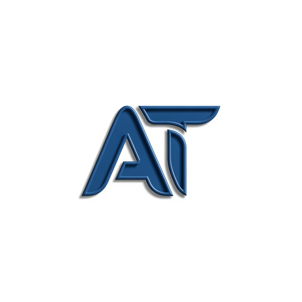 AI Design for I want to create a logo for my business with the alphabet of 'AT' kindly create with proper sign letter with an emboss model , can you please show this in the blue font no without background, collab with a and t with one letter