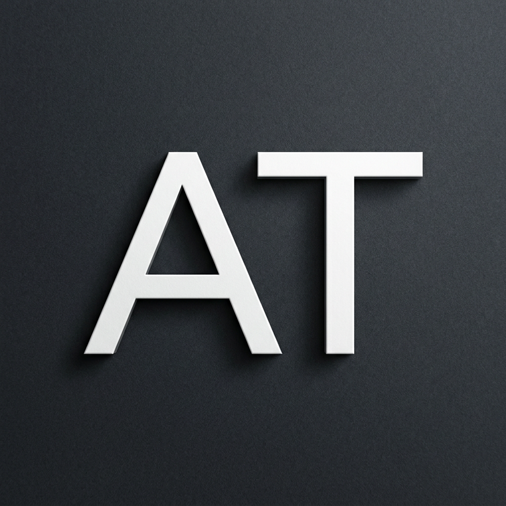 AI Design for A sophisticated and minimalist logo featuring the letters 'AT' in a clean, modern sans-serif typography. The design features a crisp white color palette set against a subtle, dark charcoal textured background, enhanced by a professional 3D emboss effect that adds depth and tactile realism to the lettering.