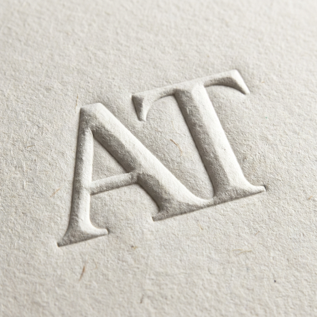AI Design for I want create a logo with the letter of "AT" with white colour font with emboss effect