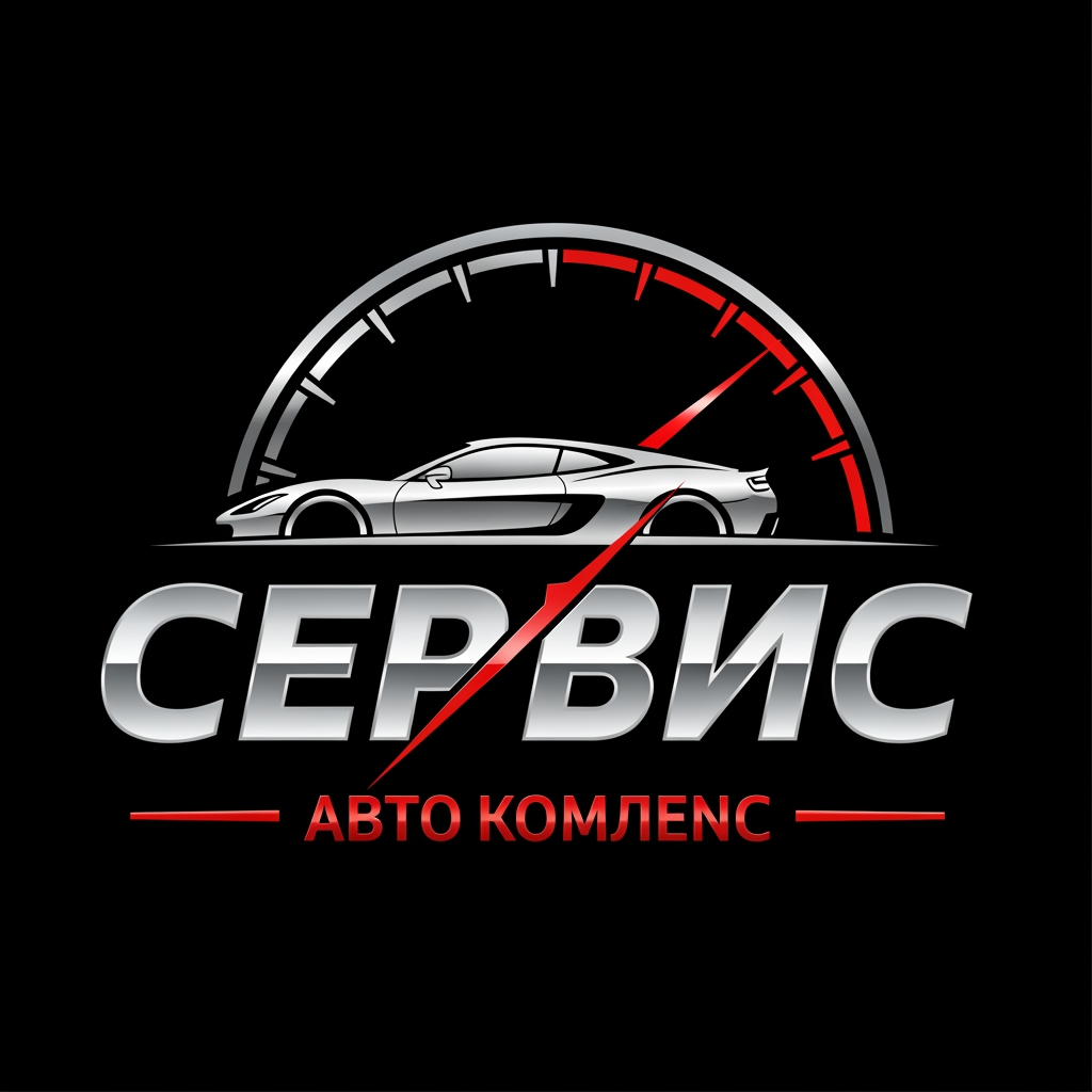 AI Design for Professional logo design for a car service complex. Main text "ФОРМУЛА" in bold, metallic silver, 3D-style capital Cyrillic letters. The letter "М" is stylized with a dynamic red diagonal slash or arrow cutting through it. Below the main text is the subtext "АВТОКОМПЛЕКС" in smaller red capital letters, flanked by thin red horizontal lines on both sides. Above the text is a sleek, minimalist silver profile of a modern sports car in motion, facing left. Behind the car is a stylized speedometer gauge arc in silver and chrome, with a red needle pointing towards the high-speed section (red zone) on the right. Background is solid dark black. Style: glossy, shiny, metallic, premium car branding, vector graphics look, high contrast, sharp edges, red and silver color palette.