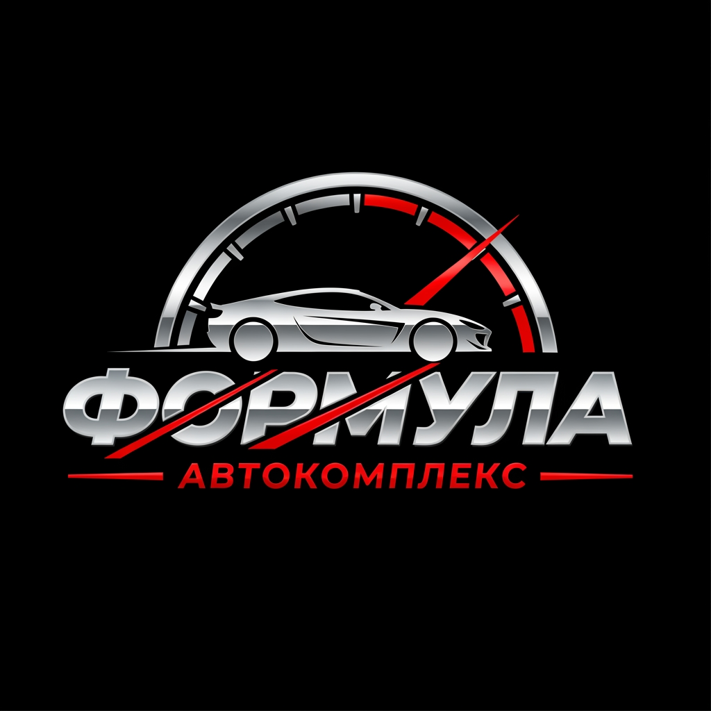 AI Design for Professional logo design for a car service complex. Main text "ФОРМУЛА" in bold, metallic silver, 3D-style capital Cyrillic letters. The letter "М" is stylized with a dynamic red diagonal slash or arrow cutting through it. Below the main text is the subtext "АВТОКОМПЛЕКС" in smaller red capital letters, flanked by thin red horizontal lines on both sides. Above the text is a sleek, minimalist silver profile of a modern sports car in motion, facing left. Behind the car is a stylized speedometer gauge arc in silver and chrome, with a red needle pointing towards the high-speed section (red zone) on the right. Background is solid dark black. Style: glossy, shiny, metallic, premium car branding, vector graphics look, high contrast, sharp edges, red and silver color palette.