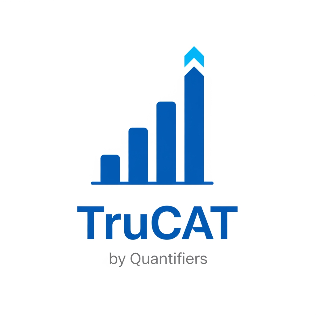 AI Design for Minimal modern logo for "TruCAT" — a mock test brand by Quantifiers. Design features a sleek upward-rising bar chart or ascending step graph made of 3–5 clean vertical bars or blocks, each progressively taller, symbolizing increasing percentile score. The tallest bar has a subtle upward arrow or gradient glow at the top. Typography: bold geometric sans-serif "TruCAT" in #1A3DAF (royal blue), with "by Quantifiers" in small light gray #E8E8E8 or #AAAAAA below. Color palette strictly: Primary blue #1A3DAF, White #FFFFFF, Light gray #F0F0F0. Accent: a thin bright blue #4A90D9 highlight on the tallest bar. White or off-white background. No gradients, no shadows, flat design, ultra-minimal, professional, edtech aesthetic. SVG-style logo mark.