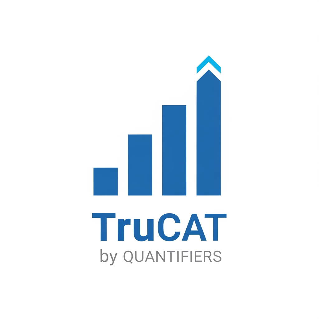 AI Design for Minimal modern logo for "TruCAT" — a mock test brand by Quantifiers. Design features a sleek upward-rising bar chart or ascending step graph made of 3–5 clean vertical bars or blocks, each progressively taller, symbolizing increasing percentile score. The tallest bar has a subtle upward arrow or gradient glow at the top. Typography: bold geometric sans-serif "TruCAT" in #1A3DAF (royal blue), with "by Quantifiers" in small light gray #E8E8E8 or #AAAAAA below. Color palette strictly: Primary blue #1A3DAF, White #FFFFFF, Light gray #F0F0F0. Accent: a thin bright blue #4A90D9 highlight on the tallest bar. White or off-white background. No gradients, no shadows, flat design, ultra-minimal, professional, edtech aesthetic. SVG-style logo mark.
