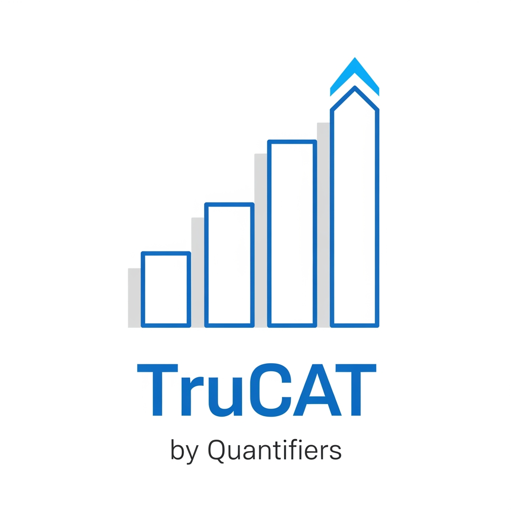 AI Design for Minimal modern logo for "TruCAT" — a mock test brand by Quantifiers. Design features a sleek upward-rising bar chart or ascending step graph made of 3–5 clean vertical bars or blocks, each progressively taller, symbolizing increasing percentile score. The tallest bar has a subtle upward arrow or gradient glow at the top. Typography: bold geometric sans-serif "TruCAT" in #1A3DAF (royal blue), with "by Quantifiers" in small light gray #E8E8E8 or #AAAAAA below. Color palette strictly: Primary blue #1A3DAF, White #FFFFFF, Light gray #F0F0F0. Accent: a thin bright blue #4A90D9 highlight on the tallest bar. White or off-white background. No gradients, no shadows, flat design, ultra-minimal, professional, edtech aesthetic. SVG-style logo mark.