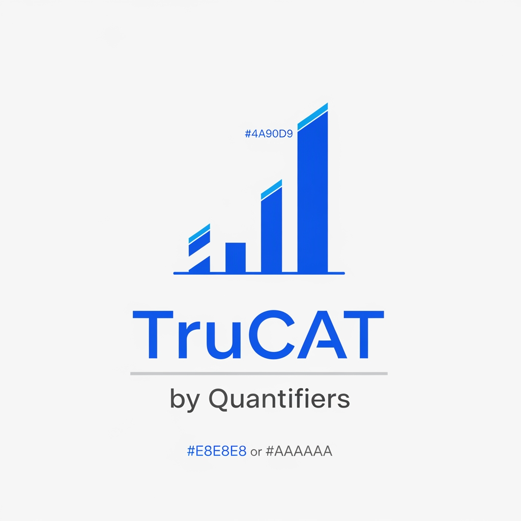 AI Design for Minimal modern logo for "TruCAT" — a mock test brand by Quantifiers. Design featuressymbolizing increasing percentile score. Typography: bold geometric sans-serif "TruCAT" in #1A3DAF (royal blue), with "by Quantifiers" in small light gray #E8E8E8 or #AAAAAA below. Color palette strictly: Primary blue #1A3DAF, White #FFFFFF, Light gray #F0F0F0. Accent: a thin bright blue #4A90D9 highlight on the tallest bar. White or off-white background. No gradients, no shadows, flat design, ultra-minimal, professional, edtech aesthetic. SVG-style logo mark.