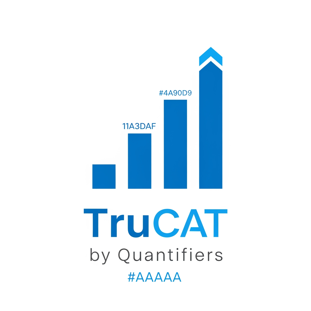 AI Design for Minimal modern logo for "TruCAT" — a mock test brand by Quantifiers. Design features a sleek upward-rising bar chart or ascending step graph made of 3–5 clean vertical bars or blocks, each progressively taller, symbolizing increasing percentile score. The tallest bar has a subtle upward arrow or gradient glow at the top. Typography: bold geometric sans-serif "TruCAT" in #1A3DAF (royal blue), with "by Quantifiers" in small light gray #E8E8E8 or #AAAAAA below. Color palette strictly: Primary blue #1A3DAF, White #FFFFFF, Light gray #F0F0F0. Accent: a thin bright blue #4A90D9 highlight on the tallest bar. White or off-white background. No gradients, no shadows, flat design, ultra-minimal, professional, edtech aesthetic. SVG-style logo mark.