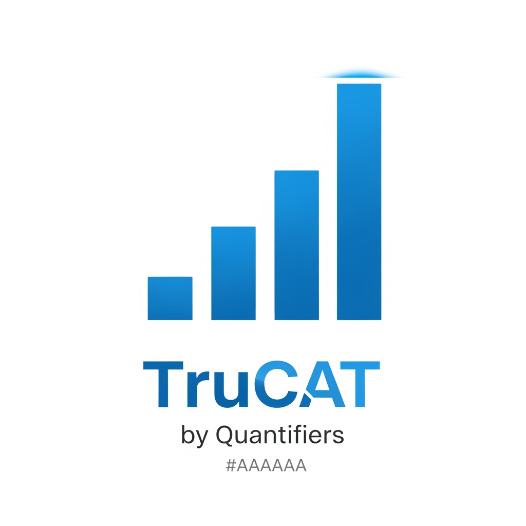 AI Design for Minimal modern logo for "TruCAT" — a mock test brand by Quantifiers. Design features a sleek upward-rising bar chart or ascending step graph made of 3–5 clean vertical bars or blocks, each progressively taller, symbolizing increasing percentile score. The tallest bar has a subtle upward arrow or gradient glow at the top. Typography: bold geometric sans-serif "TruCAT" in #1A3DAF (royal blue), with "by Quantifiers" in small light gray #E8E8E8 or #AAAAAA below. Color palette strictly: Primary blue #1A3DAF, White #FFFFFF, Light gray #F0F0F0. Accent: a thin bright blue #4A90D9 highlight on the tallest bar. White or off-white background. No gradients, no shadows, flat design, ultra-minimal, professional, edtech aesthetic. SVG-style logo mark.