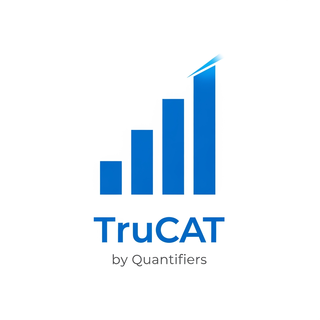 AI Design for Minimal modern logo for "TruCAT" — a mock test brand by Quantifiers. Design features a sleek upward-rising bar chart or ascending step graph made of 3–5 clean vertical bars or blocks, each progressively taller, symbolizing increasing percentile score. The tallest bar has a subtle upward arrow or gradient glow at the top. Typography: bold geometric sans-serif "TruCAT" in #1A3DAF (royal blue), with "by Quantifiers" in small light gray #E8E8E8 or #AAAAAA below. Color palette strictly: Primary blue #1A3DAF, White #FFFFFF, Light gray #F0F0F0. Accent: a thin bright blue #4A90D9 highlight on the tallest bar. White or off-white background. No gradients, no shadows, flat design, ultra-minimal, professional, edtech aesthetic. SVG-style logo mark.