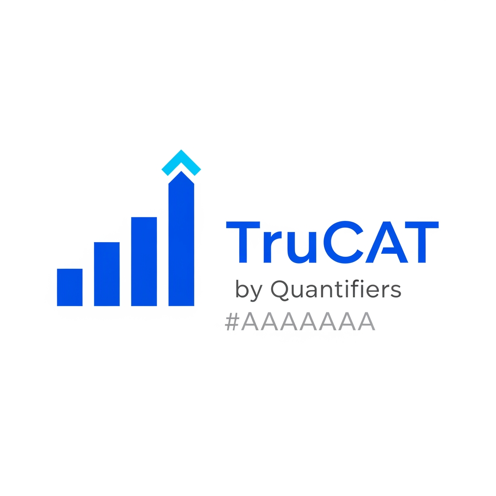 AI Design for Minimal modern logo for "TruCAT" — a mock test brand by Quantifiers. Design features a sleek upward-rising bar chart or ascending step graph made of 3–5 clean vertical bars or blocks, each progressively taller, symbolizing increasing percentile score. The tallest bar has a subtle upward arrow or gradient glow at the top. Typography: bold geometric sans-serif "TruCAT" in #1A3DAF (royal blue), with "by Quantifiers" in small light gray #E8E8E8 or #AAAAAA below. Color palette strictly: Primary blue #1A3DAF, White #FFFFFF, Light gray #F0F0F0. Accent: a thin bright blue #4A90D9 highlight on the tallest bar. White or off-white background. No gradients, no shadows, flat design, ultra-minimal, professional, edtech aesthetic. SVG-style logo mark.
