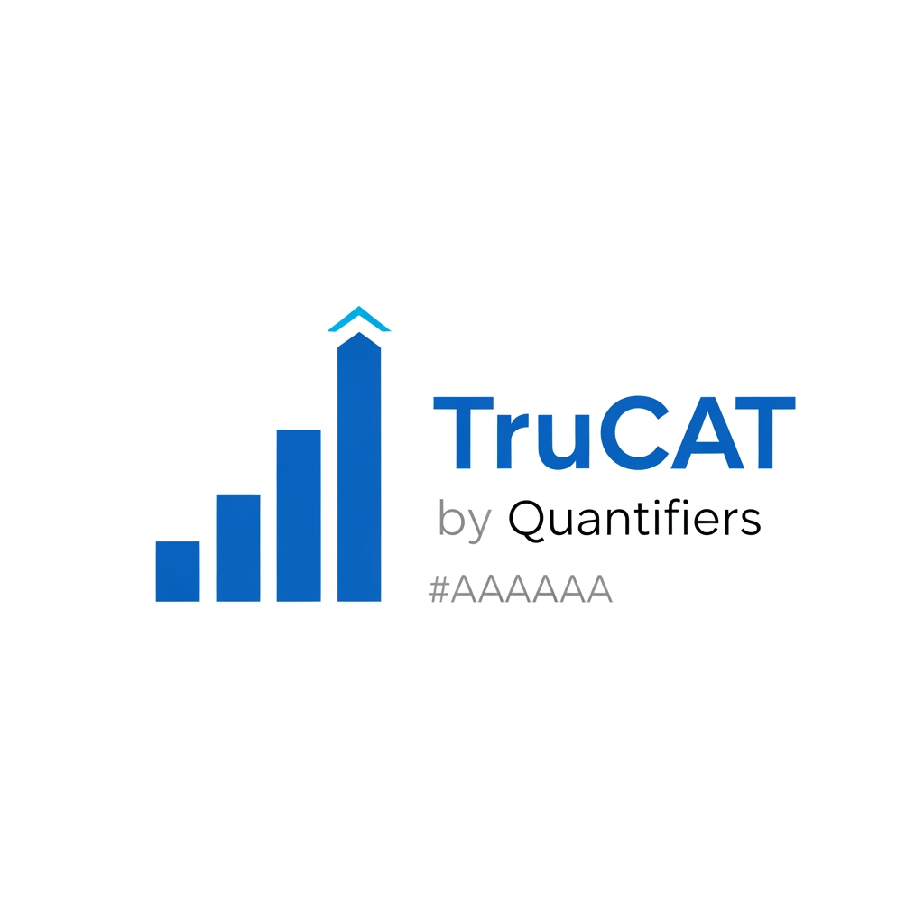 AI Design for Minimal modern logo for "TruCAT" — a mock test brand by Quantifiers. Design features a sleek upward-rising bar chart or ascending step graph made of 3–5 clean vertical bars or blocks, each progressively taller, symbolizing increasing percentile score. The tallest bar has a subtle upward arrow or gradient glow at the top. Typography: bold geometric sans-serif "TruCAT" in #1A3DAF (royal blue), with "by Quantifiers" in small light gray #E8E8E8 or #AAAAAA below. Color palette strictly: Primary blue #1A3DAF, White #FFFFFF, Light gray #F0F0F0. Accent: a thin bright blue #4A90D9 highlight on the tallest bar. White or off-white background. No gradients, no shadows, flat design, ultra-minimal, professional, edtech aesthetic. SVG-style logo mark.