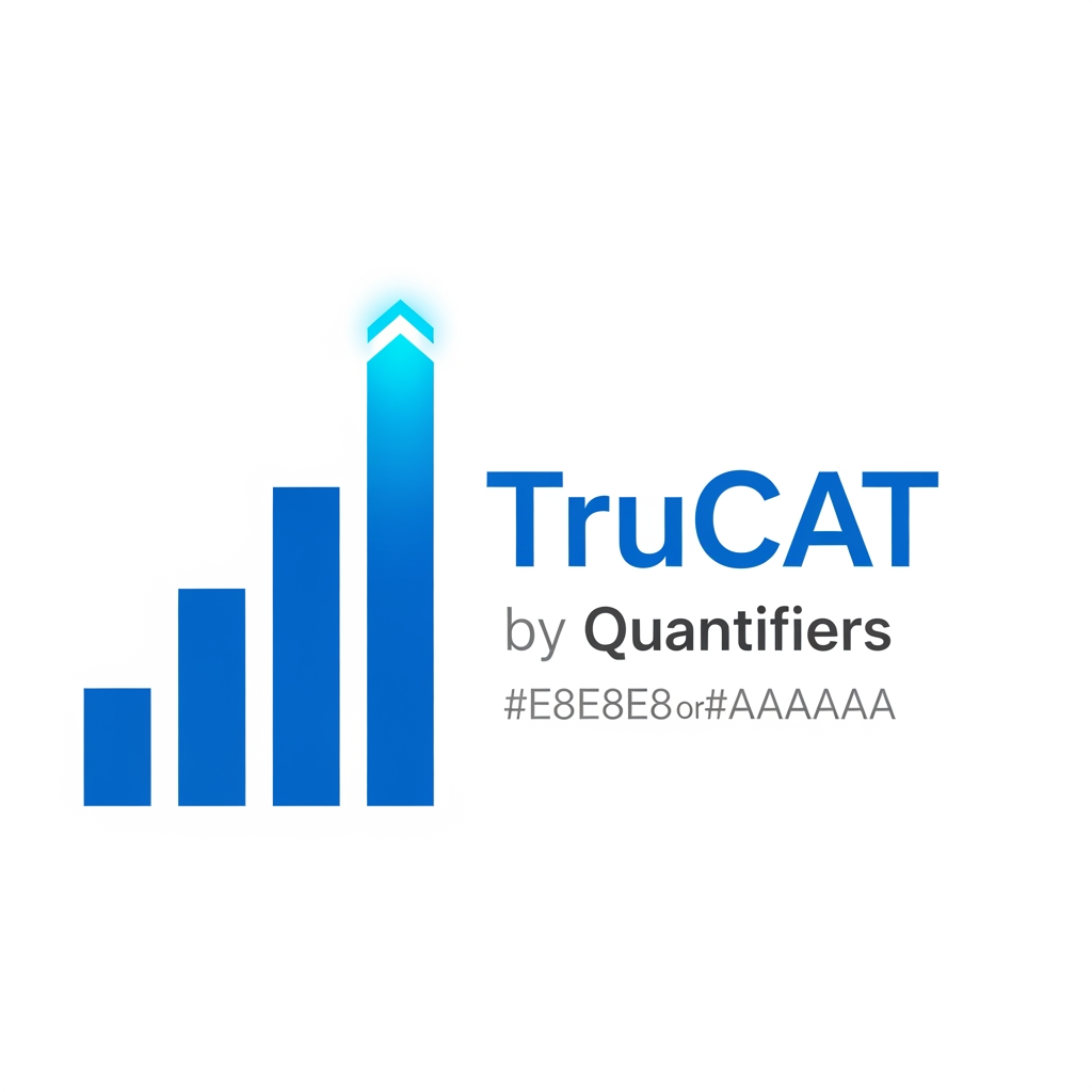 AI Design for Minimal modern logo for "TruCAT" — a mock test brand by Quantifiers. Design features a sleek upward-rising bar chart or ascending step graph made of 3–5 clean vertical bars or blocks, each progressively taller, symbolizing increasing percentile score. The tallest bar has a subtle upward arrow or gradient glow at the top. Typography: bold geometric sans-serif "TruCAT" in #1A3DAF (royal blue), with "by Quantifiers" in small light gray #E8E8E8 or #AAAAAA below. Color palette strictly: Primary blue #1A3DAF, White #FFFFFF, Light gray #F0F0F0. Accent: a thin bright blue #4A90D9 highlight on the tallest bar. White or off-white background. No gradients, no shadows, flat design, ultra-minimal, professional, edtech aesthetic. SVG-style logo mark.