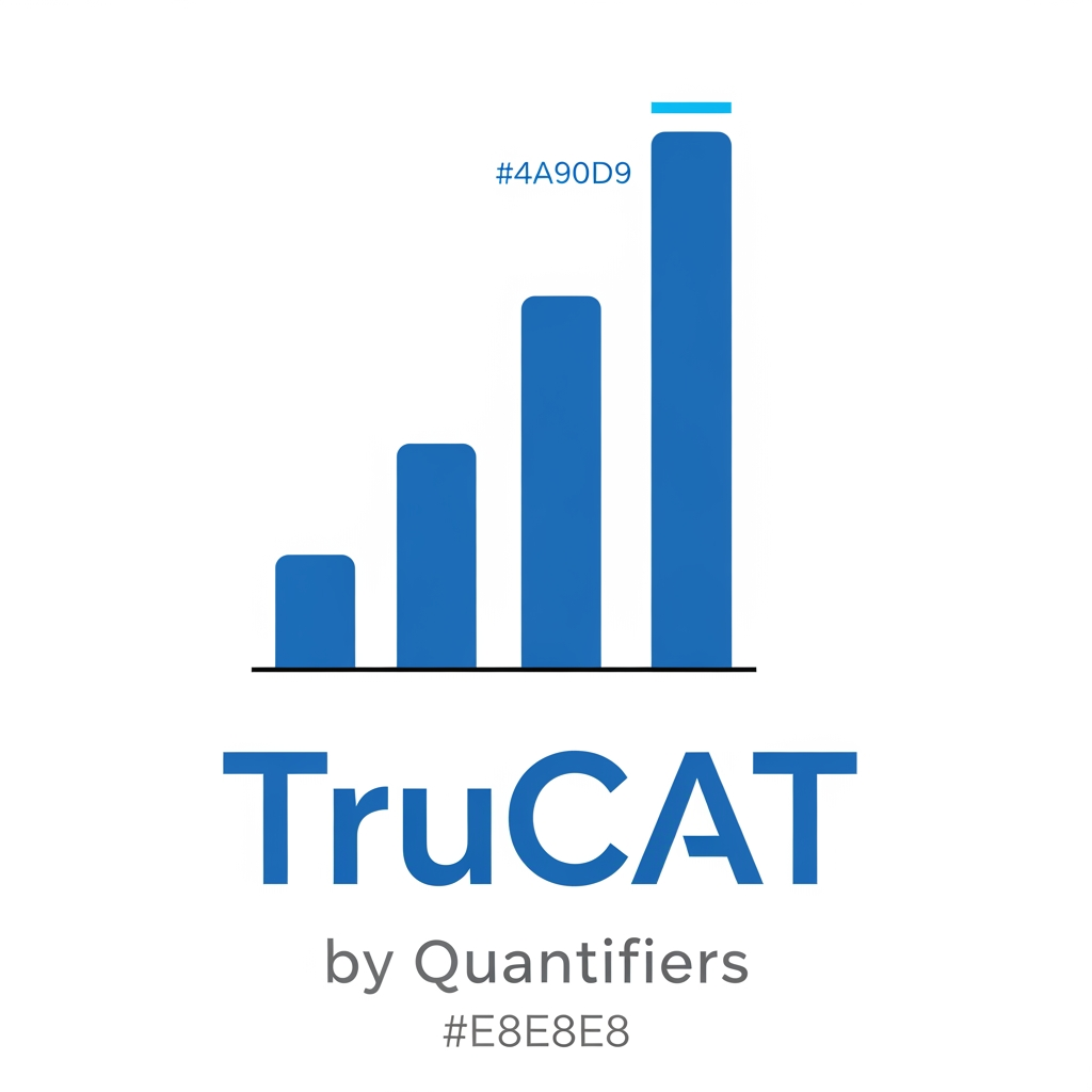 AI Design for Minimal modern logo for "TruCAT" — a mock test brand by Quantifiers. Design features a sleek upward-rising bar chart or ascending step graph made of 3–5 clean vertical bars or blocks, each progressively taller, symbolizing increasing percentile score. The tallest bar has a subtle upward arrow or gradient glow at the top. Typography: bold geometric sans-serif "TruCAT" in #1A3DAF (royal blue), with "by Quantifiers" in small light gray #E8E8E8 or #AAAAAA below. Color palette strictly: Primary blue #1A3DAF, White #FFFFFF, Light gray #F0F0F0. Accent: a thin bright blue #4A90D9 highlight on the tallest bar. White or off-white background. No gradients, no shadows, flat design, ultra-minimal, professional, edtech aesthetic. SVG-style logo mark.