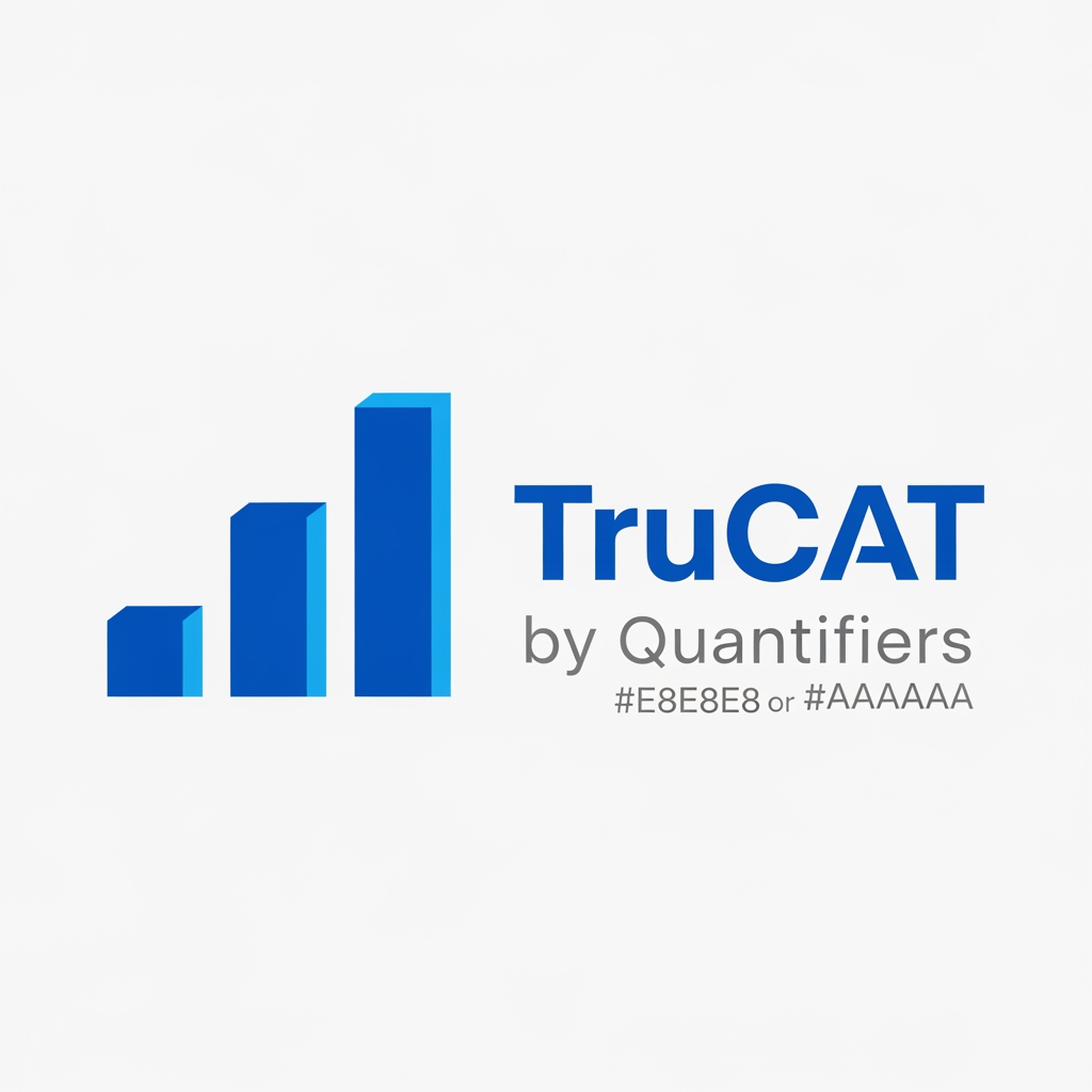 AI Design for Minimal modern logo for "TruCAT" — a mock test brand by Quantifiers. Design featuressymbolizing increasing percentile score. Typography: bold geometric sans-serif "TruCAT" in #1A3DAF (royal blue), with "by Quantifiers" in small light gray #E8E8E8 or #AAAAAA below. Color palette strictly: Primary blue #1A3DAF, White #FFFFFF, Light gray #F0F0F0. Accent: a thin bright blue #4A90D9 highlight on the tallest bar. White or off-white background. No gradients, no shadows, flat design, ultra-minimal, professional, edtech aesthetic. SVG-style logo mark.