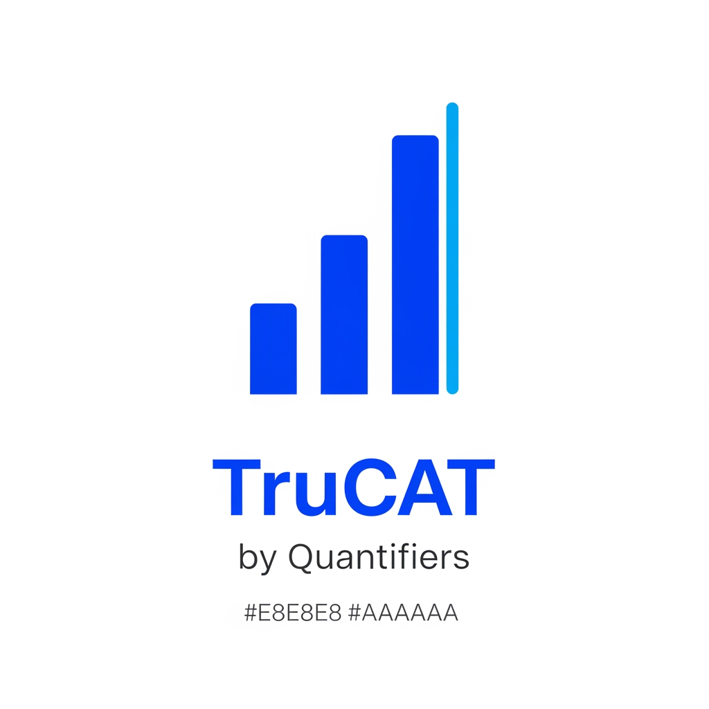 AI Design for Minimal modern logo for "TruCAT" — a mock test brand by Quantifiers. Design featuressymbolizing increasing percentile score. Typography: bold geometric sans-serif "TruCAT" in #1A3DAF (royal blue), with "by Quantifiers" in small light gray #E8E8E8 or #AAAAAA below. Color palette strictly: Primary blue #1A3DAF, White #FFFFFF, Light gray #F0F0F0. Accent: a thin bright blue #4A90D9 highlight on the tallest bar. White or off-white background. No gradients, no shadows, flat design, ultra-minimal, professional, edtech aesthetic. SVG-style logo mark.