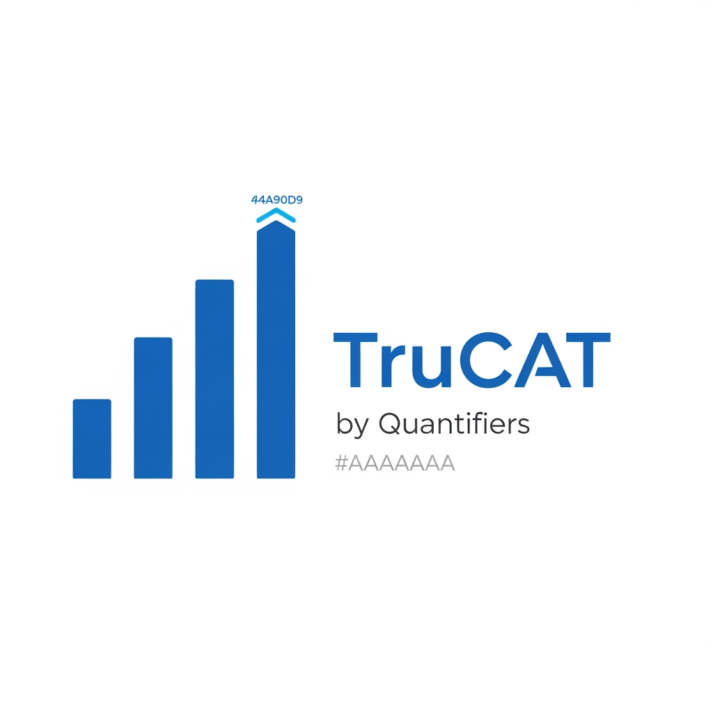 AI Design for Minimal modern logo for "TruCAT" — a mock test brand by Quantifiers. Design features a sleek upward-rising bar chart or ascending step graph made of 3–5 clean vertical bars or blocks, each progressively taller, symbolizing increasing percentile score. The tallest bar has a subtle upward arrow or gradient glow at the top. Typography: bold geometric sans-serif "TruCAT" in #1A3DAF (royal blue), with "by Quantifiers" in small light gray #E8E8E8 or #AAAAAA below. Color palette strictly: Primary blue #1A3DAF, White #FFFFFF, Light gray #F0F0F0. Accent: a thin bright blue #4A90D9 highlight on the tallest bar. White or off-white background. No gradients, no shadows, flat design, ultra-minimal, professional, edtech aesthetic. SVG-style logo mark.