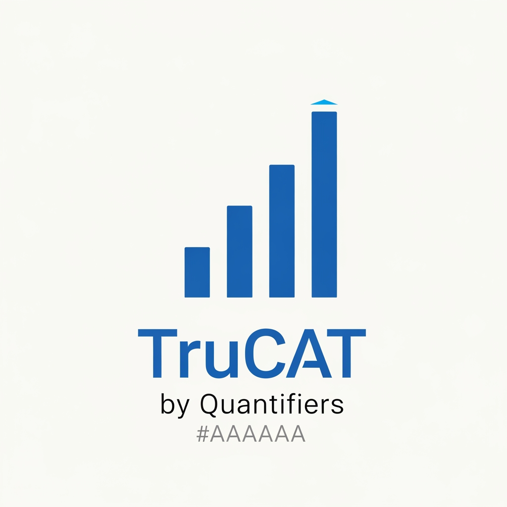 AI Design for Minimal modern logo for "TruCAT" — a mock test brand by Quantifiers. Design features a sleek upward-rising bar chart or ascending step graph made of 3–5 clean vertical bars or blocks, each progressively taller, symbolizing increasing percentile score. The tallest bar has a subtle upward arrow or gradient glow at the top. Typography: bold geometric sans-serif "TruCAT" in #1A3DAF (royal blue), with "by Quantifiers" in small light gray #E8E8E8 or #AAAAAA below. Color palette strictly: Primary blue #1A3DAF, White #FFFFFF, Light gray #F0F0F0. Accent: a thin bright blue #4A90D9 highlight on the tallest bar. White or off-white background. No gradients, no shadows, flat design, ultra-minimal, professional, edtech aesthetic. SVG-style logo mark.