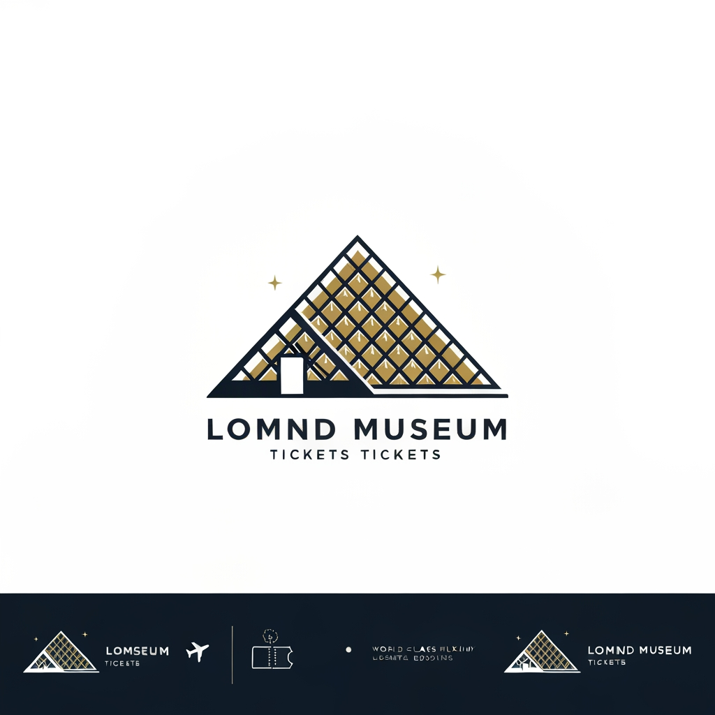 AI Design for Create a world-class luxury logo for a ticket booking website named "Louvre Museum Tickets". The logo should combine the iconic Louvre Glass Pyramid with a subtle ticket/pass element in a modern and elegant way. Design a premium icon paired with sophisticated typography. The style should be minimalist, timeless, trustworthy, and suitable for a global travel and tourism brand.

Use a refined color palette of black, gold, white, and deep navy blue. The logo should convey culture, art, history, exclusivity, and seamless online booking. Avoid cartoon styles, busy details, stock travel icons, airplanes, or generic tourism symbols.

The design must look professional on websites, mobile apps, booking platforms, business cards, and social media. Flat vector design, clean lines, geometric precision, luxury branding, high-end European aesthetic, modern travel-tech company, award-winning logo design, Behance showcase quality, white background, ultra-sharp, scalable SVG-style logo.
