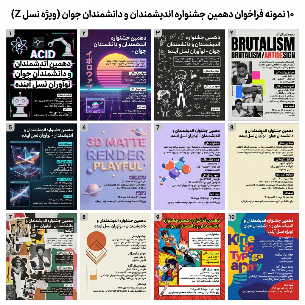AI Design for یه فراخوان میخوام طراحی کنم که مخاطب اون نسل z هستن

و بخش بندی های مختلفی داره

متن زیر رو ارسال میکنم

با توجه به تعاملات و سلیقه نسل z برای من 10 تا نمونه بزن در یک عکس

سایز و نسبت تصویر برای a4 هست

تو ده تا نمونه رو توی یک تصویر جا بده که بتونم مقایسه کنم و نتیجه رو انتخاب کنم.

شماره گذاری کن هر کدوم رو که اگر ازت خواستم یه دونه خاص رو توی سایز اصلی a4 بهم ارائه بدی ، بتونی. متن بخش بندی داره و توئی دیزاینت این بخش بندی ها رو اعمال کن. با خط تیره جدا کردم.

توی ده تا طرح ده تا رویکرد مختلف از استفاده عناصر تصویری استفاده کن .

جوری که بتونم اون استایل رو استفاده کنم


متن فراخوان اینطوریه :



دهمین جشنواره اندیشمندان و دانشمندان جوان

نوآوران نسل آینده

----

جشنواره اندیشمندان و دانشمندان جوان از سال ۱۳۹۵ بستری برای شکل‌گیری و رشد ایده‌های نو در حوزه‌های فیزیک، شیمی، علوم زیستی، ریاضی، علوم کامپیوتر و هوش مصنوعی و زمین‌شناسی فراهم کرده است. این جشنواره در ۹ دوره گذشته با هدف تبدیل کنجکاوی علمی به نوآوری، تسهیل مسیر تجاری‌سازی ایده‌ها و تکمیل چرخه نوآوری برگزار شده و در دوره دهم، با رویکرد ویژه «نوآوران نسل آینده»، از جوانان ۱۴ تا ۲۳ ساله‌ای دعوت می‌کند که با نگاهی خلاق و متفاوت، یک مسئله‌ را شناسایی کرده، برای آن راه‌حلی نوآورانه یافته‌ و آماده‌اند ایده خود را با جهان به اشتراک بگذارند.

----

جوایز برگزیدگان:

10 جایزه نقدی 

(هر کدام  600 میلیون ریال)

تندیس جشنواره

----

نحوه ارسال آثار:

3 تا 5 دقیقه ویدیو

(در هر قالب و ساختاری)

فرمت : 

MP4/MOV/AVI/MKV

حجم فایل: 

حداکثر 1۰۰ مگابایت

----

شرایط ثبت نام:

بازه سنی ۱۴ تا ۲۳ سال

( متولدین فروردین ۱۳۸۲ تا اسفند ۱۳۹۱ )

مقطع:

دانش‌آموزان دبیرستان 

و دانشجویان کارشناسی

شرکت در جشنواره کاملا رایگان است.

----

ثبت نام:

از  ۱ مرداد تا 15 مهر ۱۴۰۵

برای اطلاعات بیشتر به www.ysf-persia.com مراجعه بفرمایید.