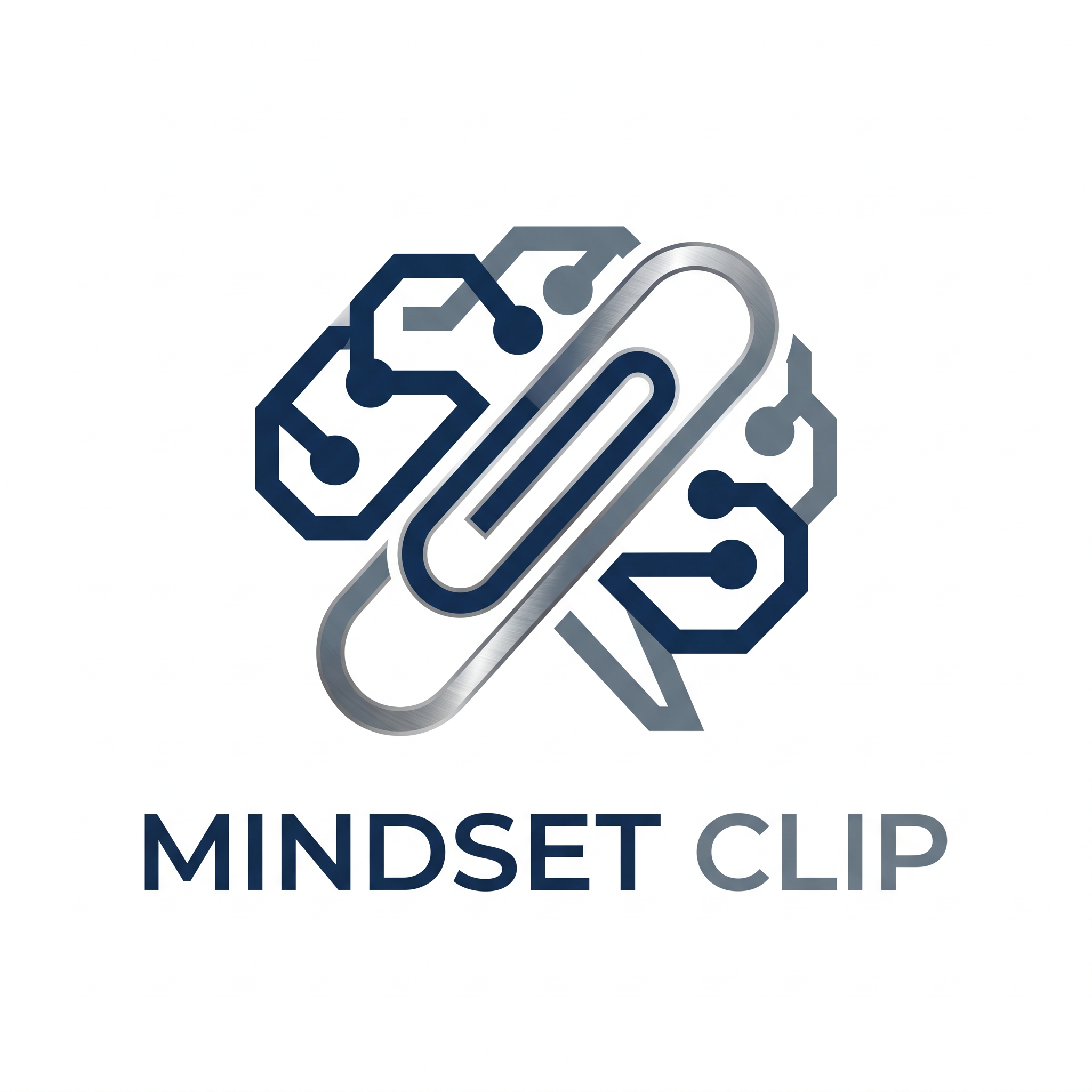 AI Design for A professional and minimalist logo design for MINDSET CLIP, featuring clean geometric typography and an abstract icon representing a seamless clip mechanism integrated with a brain or neural network motif. The color palette utilizes sophisticated navy blue and slate grey with subtle metallic accents, set against a solid white background for high-contrast clarity and modern, sleek branding.