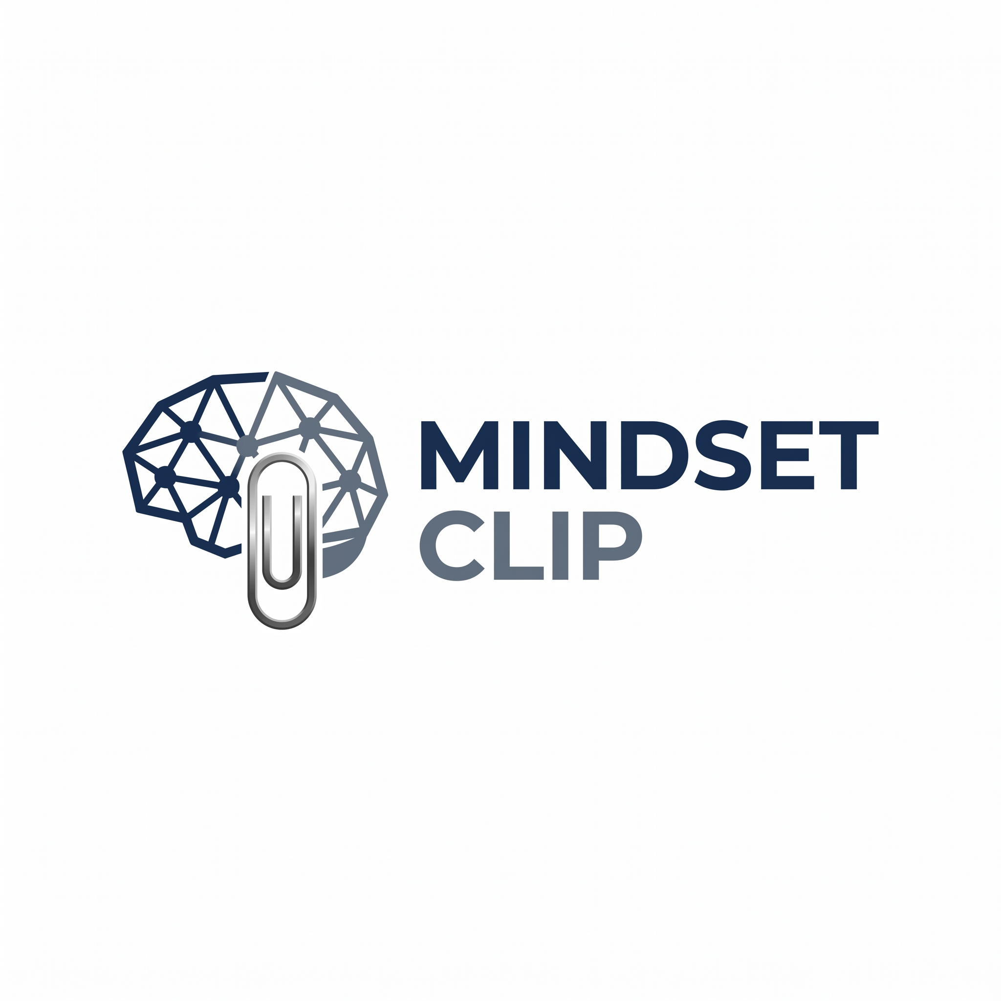 AI Design for A professional and minimalist logo design for MINDSET CLIP, featuring clean geometric typography and an abstract icon representing a seamless clip mechanism integrated with a brain or neural network motif. The color palette utilizes sophisticated navy blue and slate grey with subtle metallic accents, set against a solid white background for high-contrast clarity and modern, sleek branding.