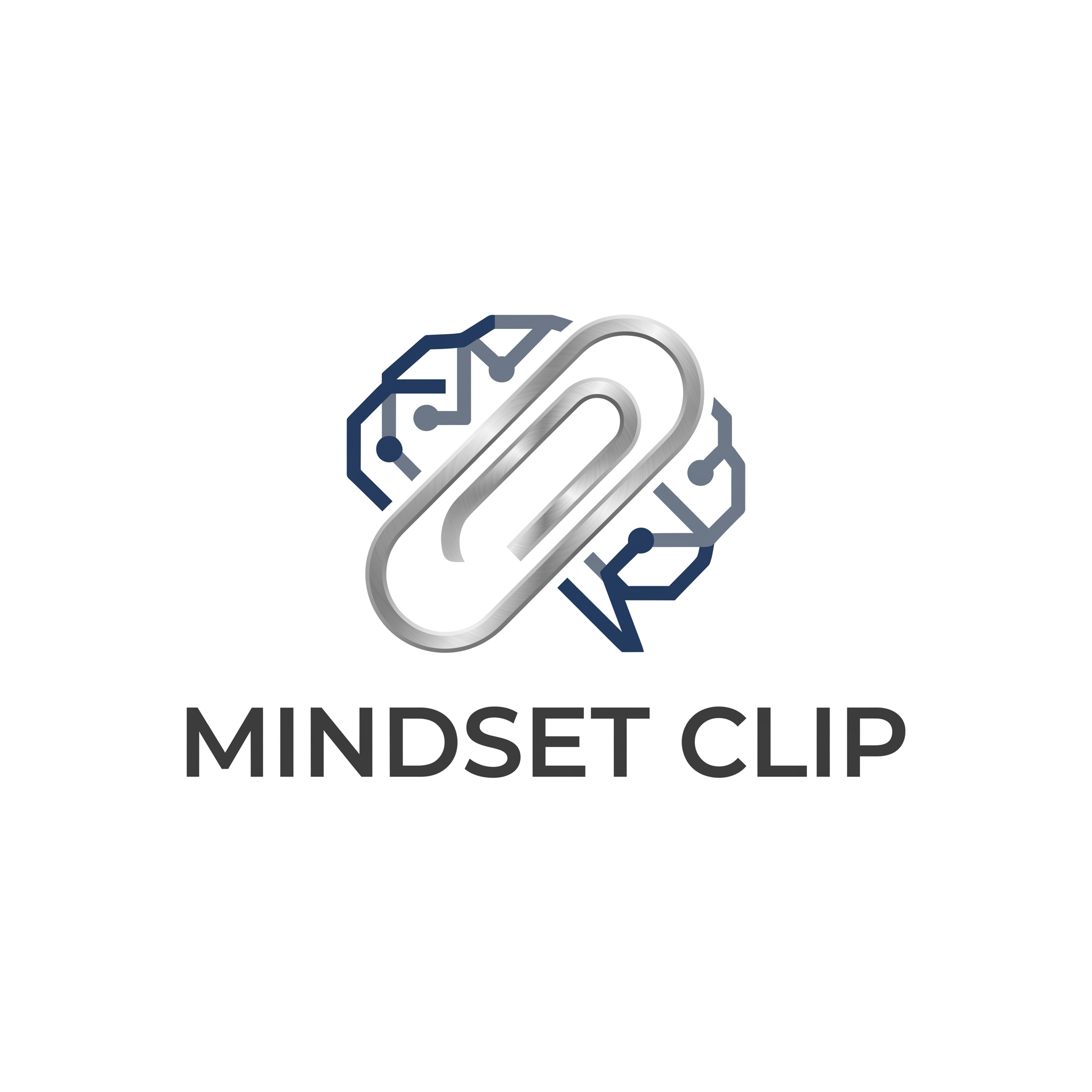 AI Design for A professional and minimalist logo design for MINDSET CLIP, featuring clean geometric typography and an abstract icon representing a seamless clip mechanism integrated with a brain or neural network motif. The color palette utilizes sophisticated navy blue and slate grey with subtle metallic accents, set against a solid white background for high-contrast clarity and modern, sleek branding.