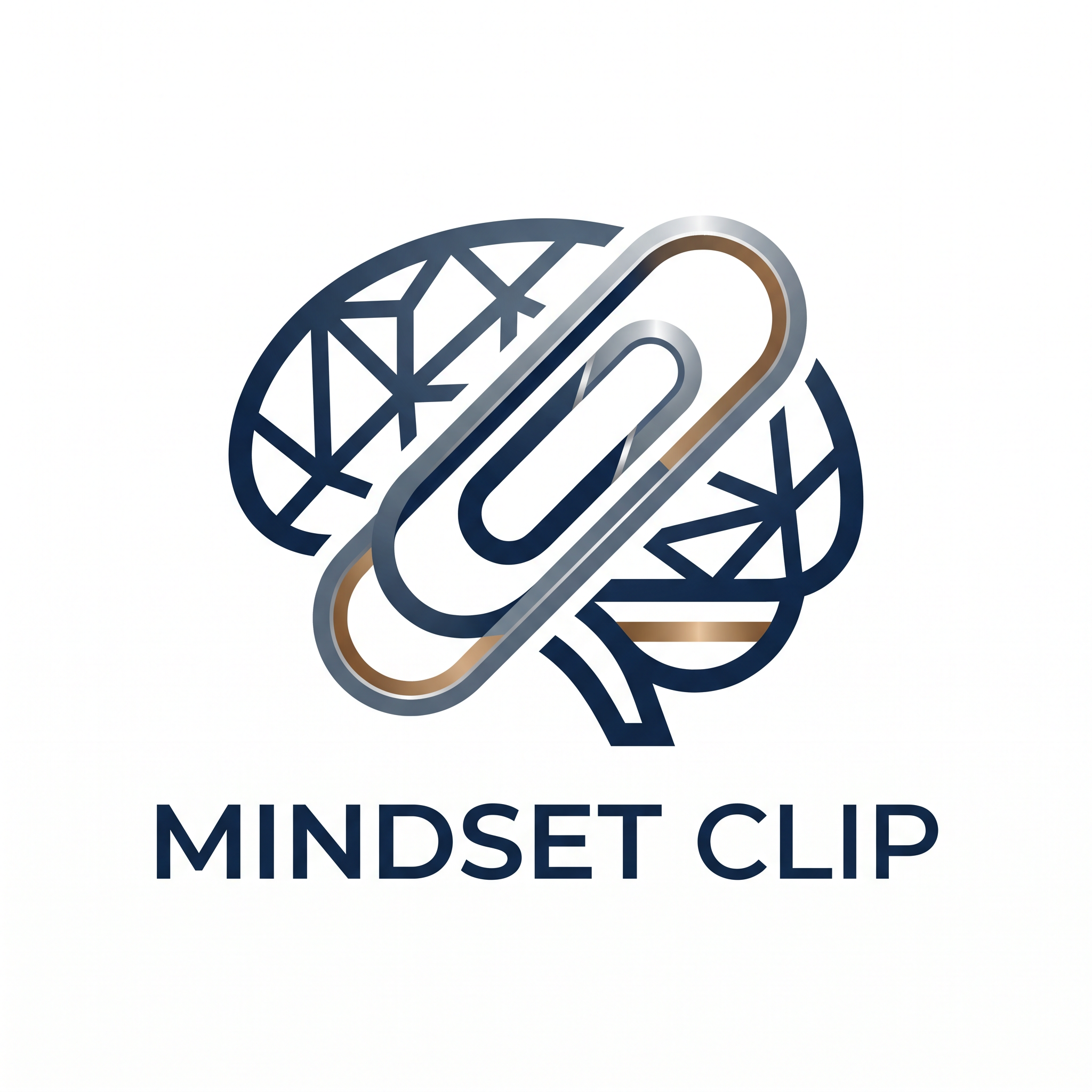 AI Design for A professional and minimalist logo design for MINDSET CLIP, featuring clean geometric typography and an abstract icon representing a seamless clip mechanism integrated with a brain or neural network motif. The color palette utilizes sophisticated navy blue and slate grey with subtle metallic accents, set against a solid white background for high-contrast clarity and modern, sleek branding.