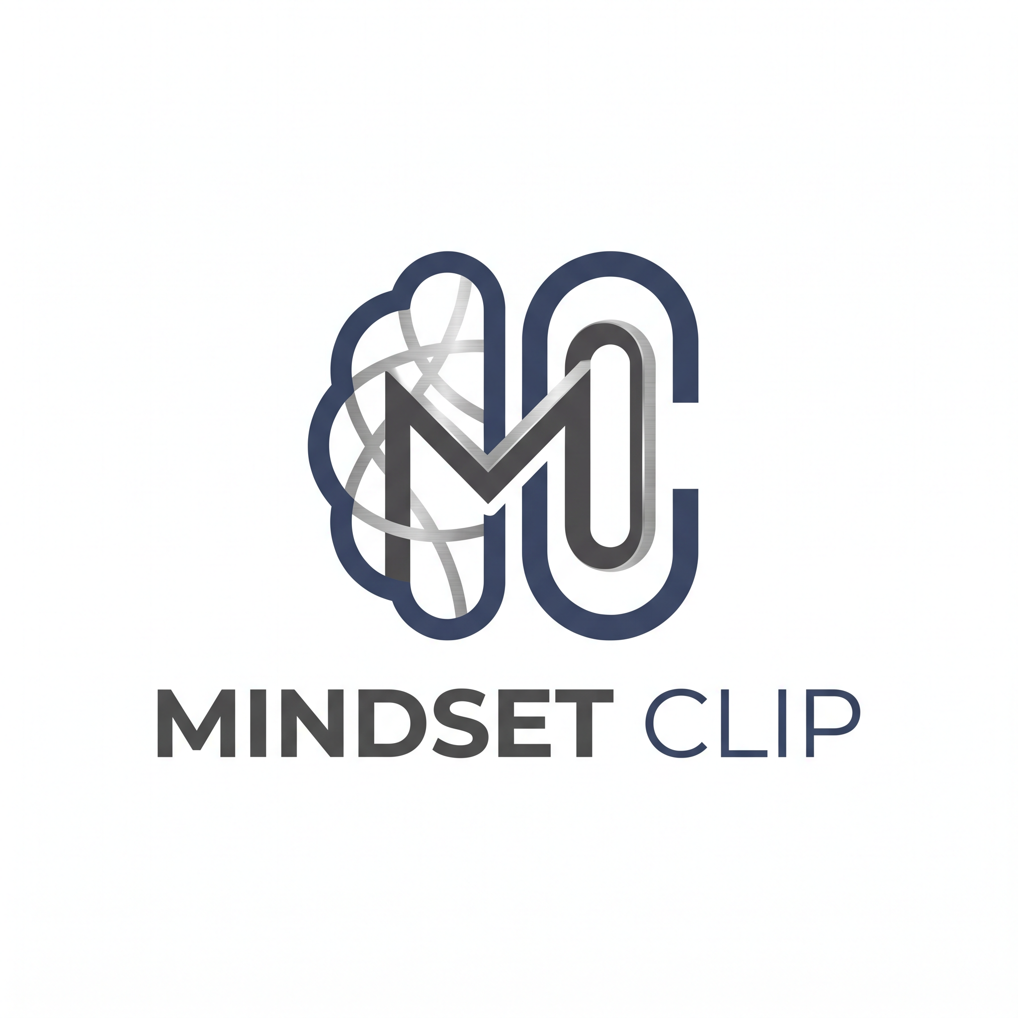 AI Design for A professional and minimalist logo design for MINDSET CLIP, featuring clean geometric typography and an abstract icon representing a seamless clip mechanism integrated with a brain or neural network motif. The color palette utilizes sophisticated navy blue and slate grey with subtle metallic accents, set against a solid white background for high-contrast clarity and modern, sleek branding.