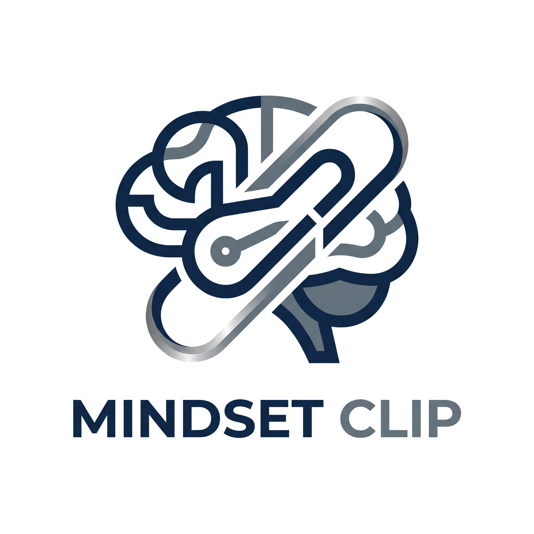AI Design for A professional and minimalist logo design for MINDSET CLIP, featuring clean geometric typography and an abstract icon representing a seamless clip mechanism integrated with a brain or neural network motif. The color palette utilizes sophisticated navy blue and slate grey with subtle metallic accents, set against a solid white background for high-contrast clarity and modern, sleek branding.