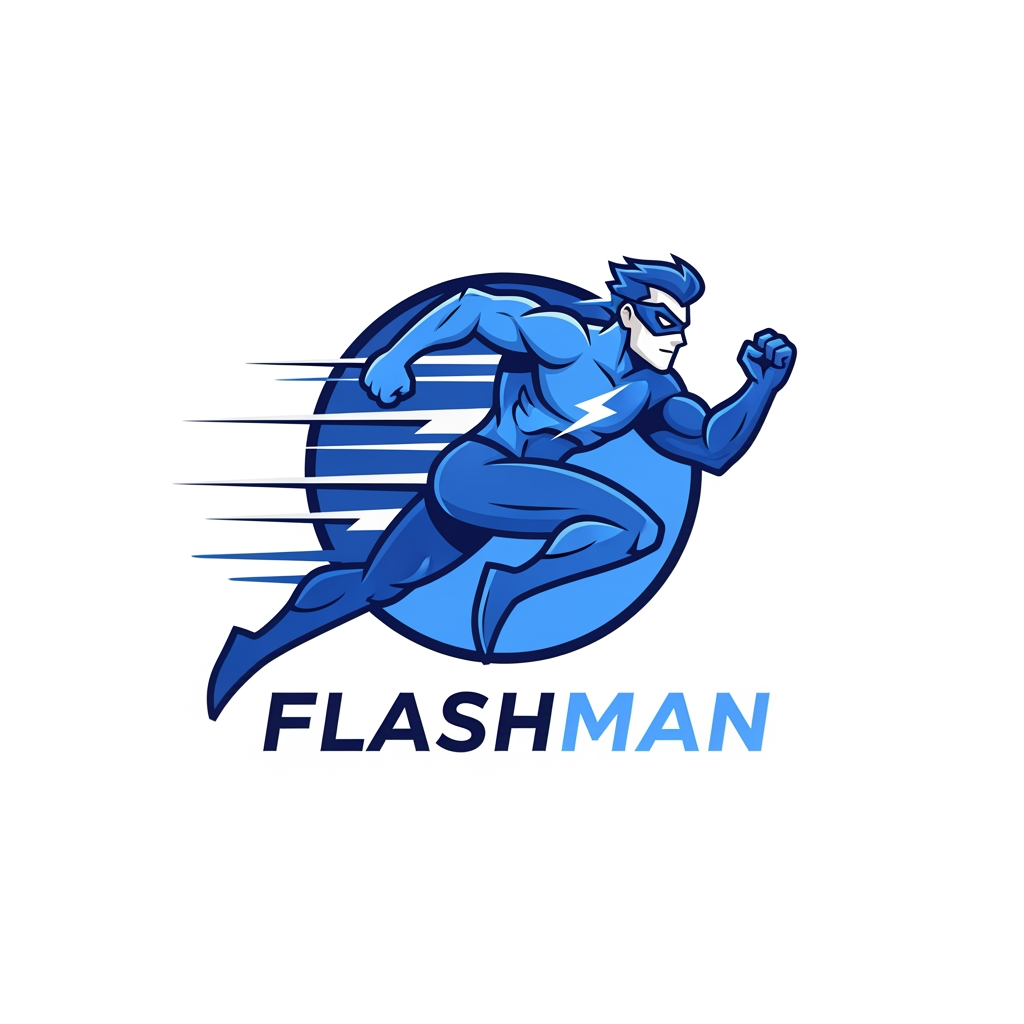 AI Design for generate a logo with blue and white color it should a cartoon logo of a flashman looks professional and it is app and web