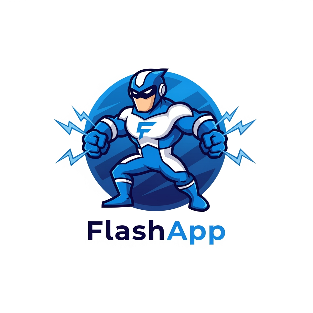 AI Design for generate a logo with blue and white color it should a cartoon logo of a flashman looks professional and it is app and web