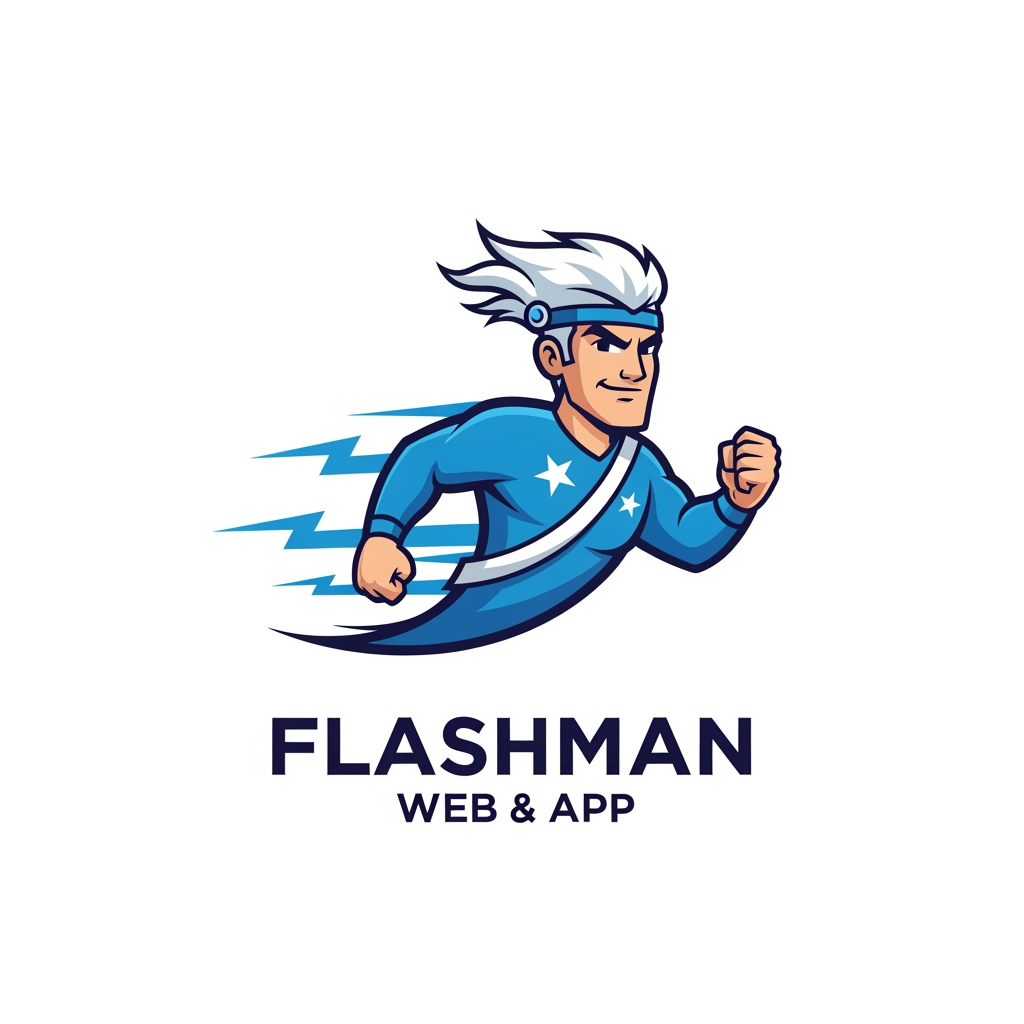 AI Design for generate a logo with blue and white color it should a cartoon logo of a flashman looks professional and it is app and web