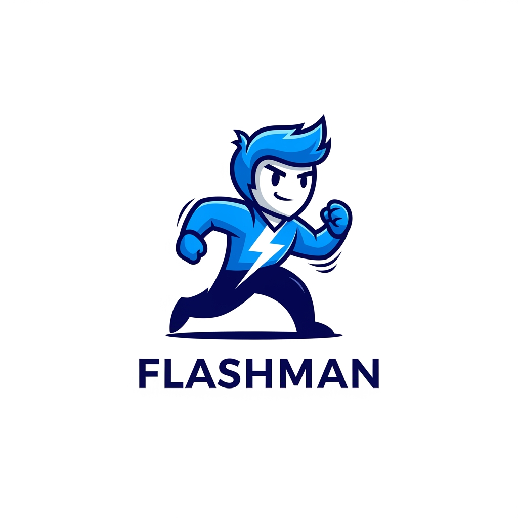 AI Design for generate a logo with blue and white color it should a cartoon logo of a flashman looks professional and it is app and web