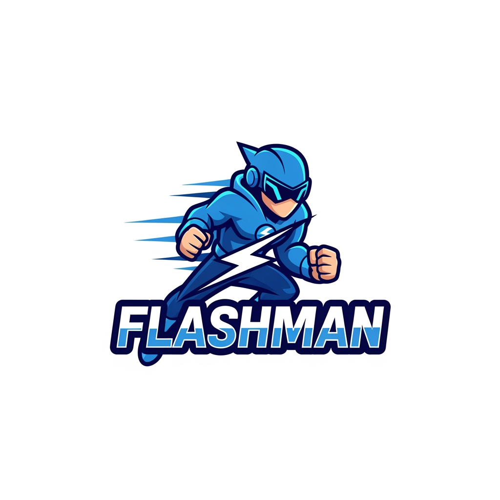 AI Design for generate a logo with blue and white color it should a cartoon logo of a flashman looks professional and it is app and web
