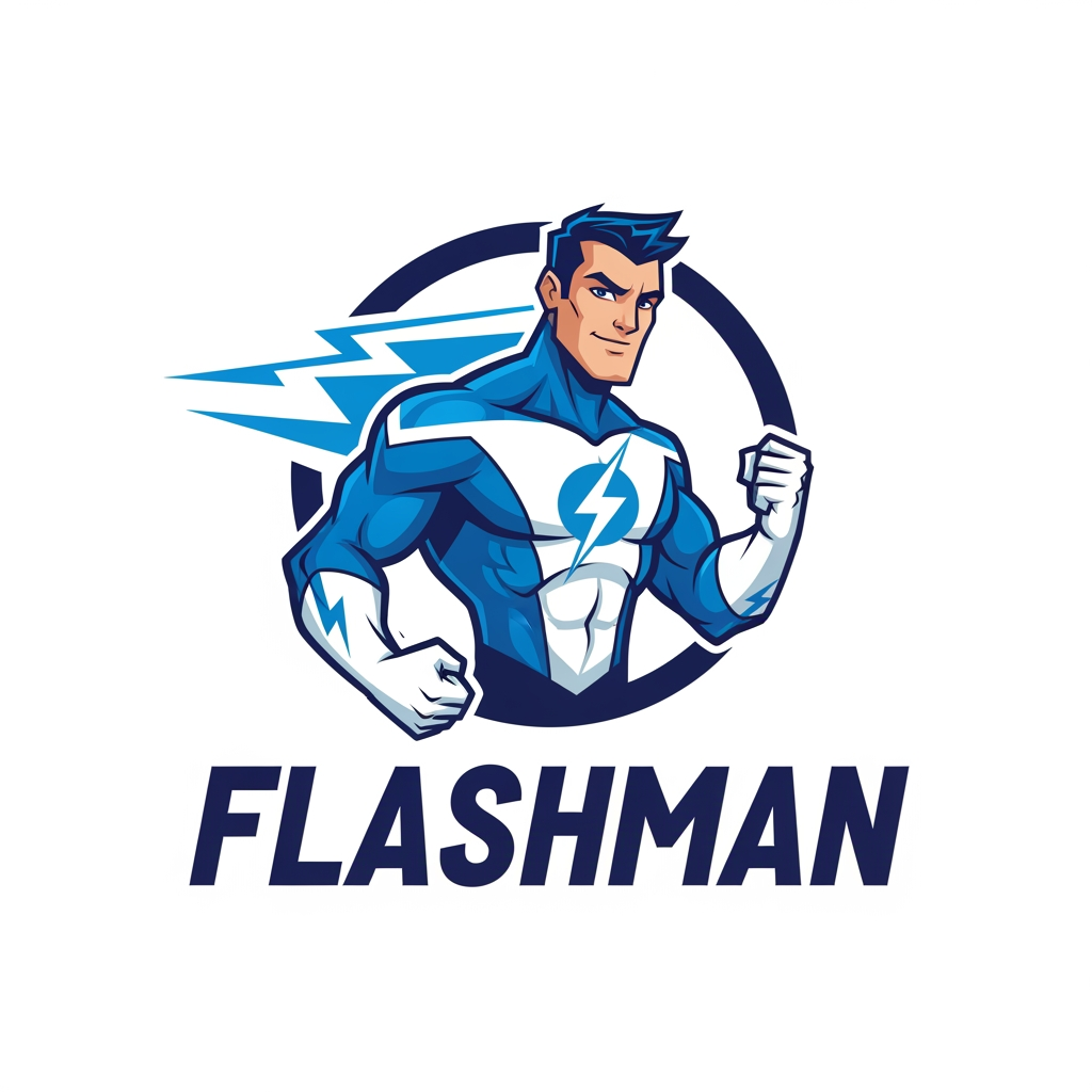 AI Design for generate a logo with blue and white color it should a cartoon logo of a flashman looks professional and it is app and web
