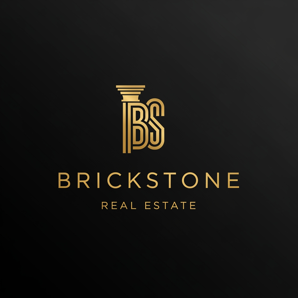 AI Design for A complete luxury branding logo set on a deep matte black background. At the top center, introduce a new, elegant, geometric monogram composed of an interlocked 'B' and 'S' that forms the shape of a classical architectural cornerstone or key-stone, all in polished gold. Below this new monogram, perfect typography identical in font and layout to WhatsApp Image 2026-06-10 at 11.08.41_2.jpeg features the word 'BRICKSTONE' in gold serif. Below it, the text 'REAL ESTATE' in the specific spaced gold sans-serif font is perfectly centered. The overall impression must be one of timeless legacy, stability, and high value. The elements must be harmoniously scaled.