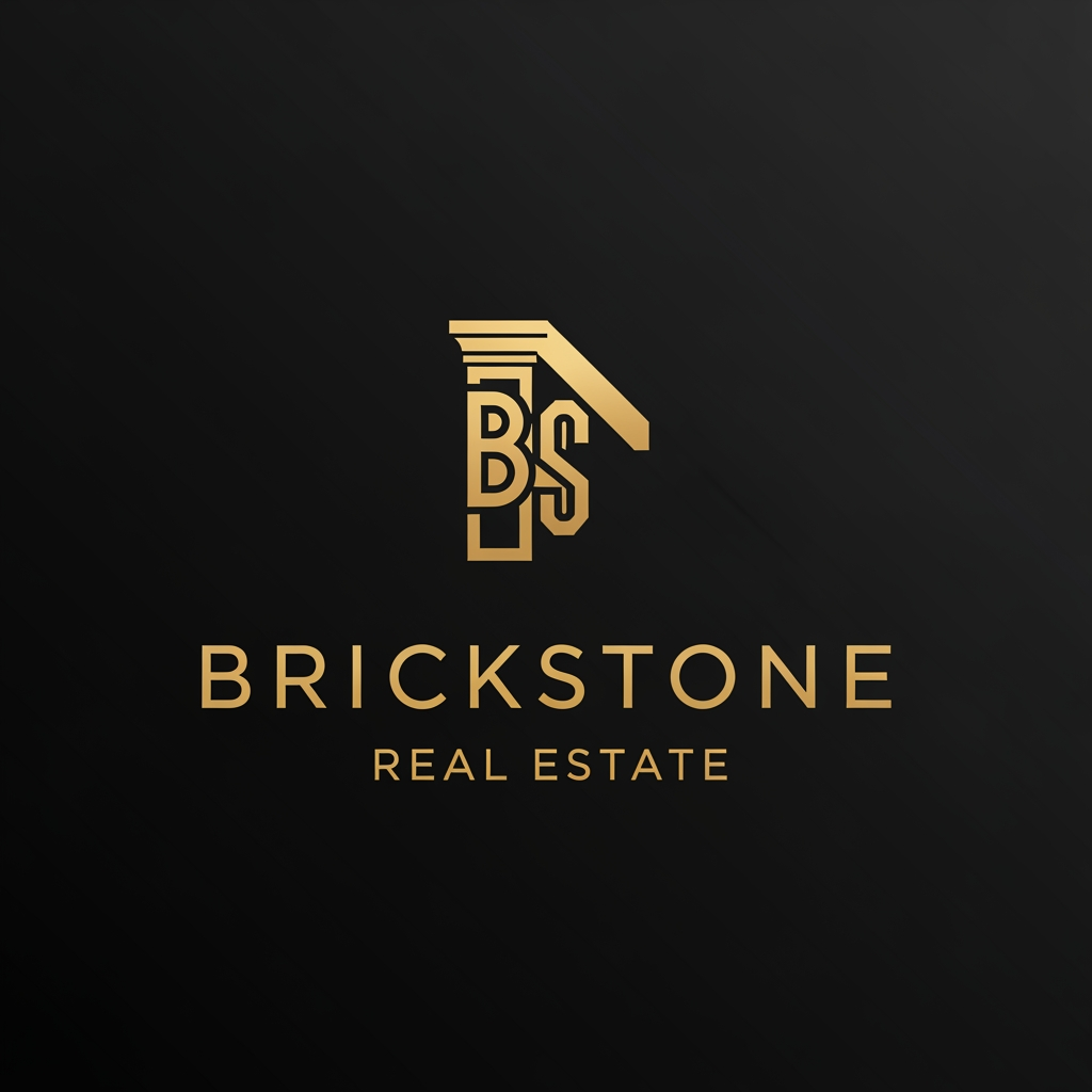 AI Design for A complete luxury branding logo set on a deep matte black background. At the top center, introduce a new, elegant, geometric monogram composed of an interlocked 'B' and 'S' that forms the shape of a classical architectural cornerstone or key-stone, all in polished gold. Below this new monogram, perfect typography identical in font and layout to WhatsApp Image 2026-06-10 at 11.08.41_2.jpeg features the word 'BRICKSTONE' in gold serif. Below it, the text 'REAL ESTATE' in the specific spaced gold sans-serif font is perfectly centered. The overall impression must be one of timeless legacy, stability, and high value. The elements must be harmoniously scaled.