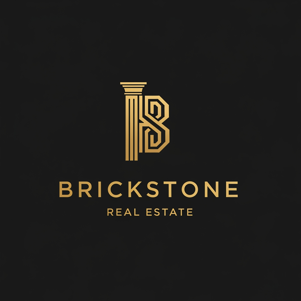 AI Design for A complete luxury branding logo set on a deep matte black background. At the top center, introduce a new, elegant, geometric monogram composed of an interlocked 'B' and 'S' that forms the shape of a classical architectural cornerstone or key-stone, all in polished gold. Below this new monogram, perfect typography identical in font and layout to WhatsApp Image 2026-06-10 at 11.08.41_2.jpeg features the word 'BRICKSTONE' in gold serif. Below it, the text 'REAL ESTATE' in the specific spaced gold sans-serif font is perfectly centered. The overall impression must be one of timeless legacy, stability, and high value. The elements must be harmoniously scaled.