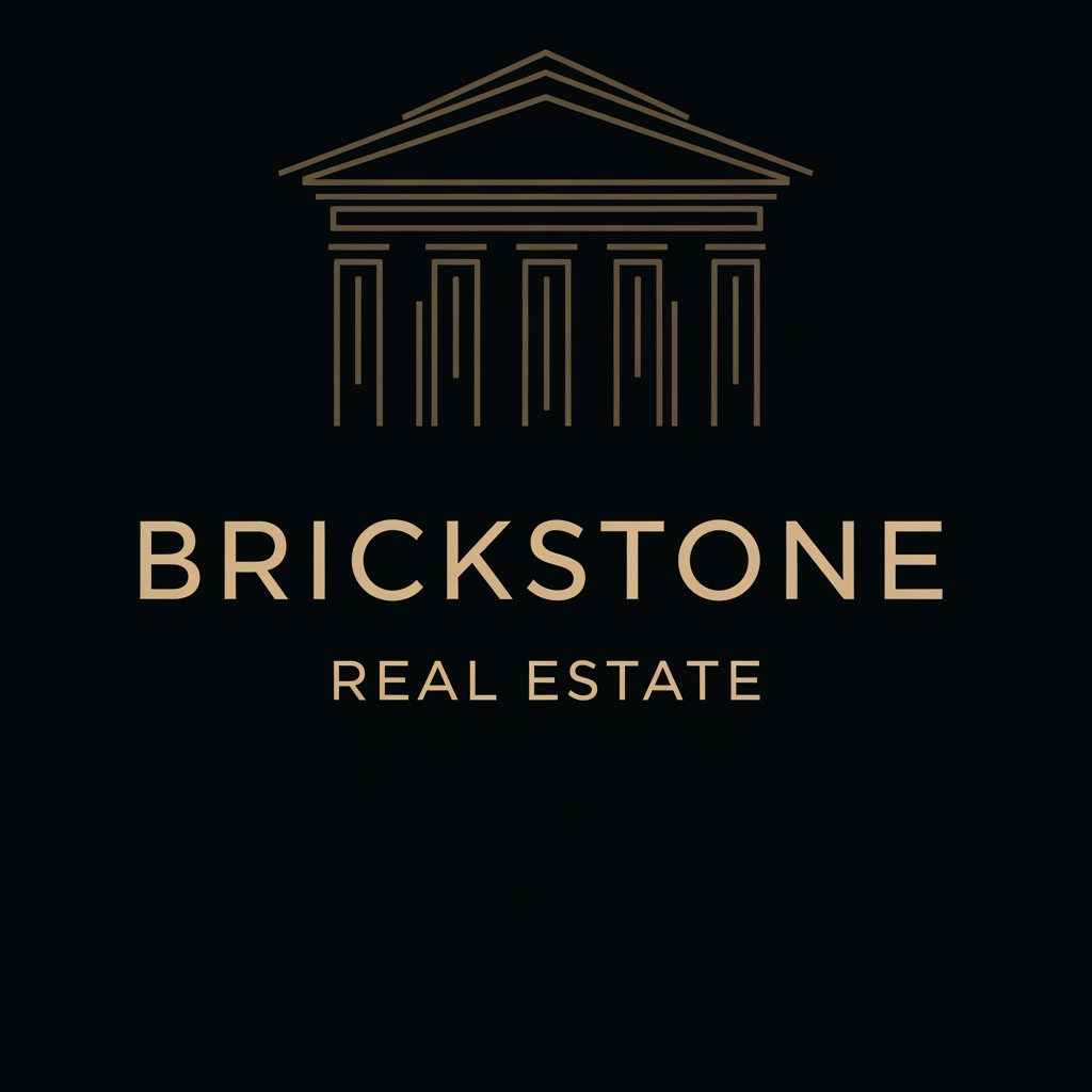 AI Design for A prestigious real estate logo against a rich obsidian black surface. The primary element is the gold typography layout from WhatsApp Image 2026-06-10 at 11.08.41_2.jpeg, featuring 'BRICKSTONE' and 'REAL ESTATE' with perfect fonts and alignment. Directly above the text block, or subtly integrated behind it as a faint watermark, is a delicate, minimalist line-art vector icon of a stylized, modern classical building facade or a rising skyline, rendered in the same champagne gold. This graphic must be subservient to the text, which must remain sharp and central. The overall design must feel established, exclusive, and precise.