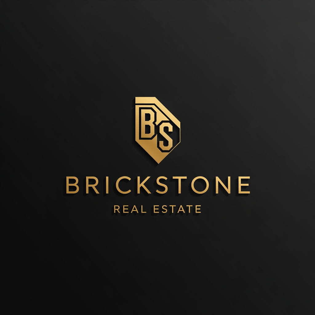 AI Design for A complete luxury branding logo set on a deep matte black background. At the top center, introduce a new, elegant, geometric monogram composed of an interlocked 'B' and 'S' that forms the shape of a classical architectural cornerstone or key-stone, all in polished gold. Below this new monogram, perfect typography identical in font and layout to WhatsApp Image 2026-06-10 at 11.08.41_2.jpeg features the word 'BRICKSTONE' in gold serif. Below it, the text 'REAL ESTATE' in the specific spaced gold sans-serif font is perfectly centered. The overall impression must be one of timeless legacy, stability, and high value. The elements must be harmoniously scaled.