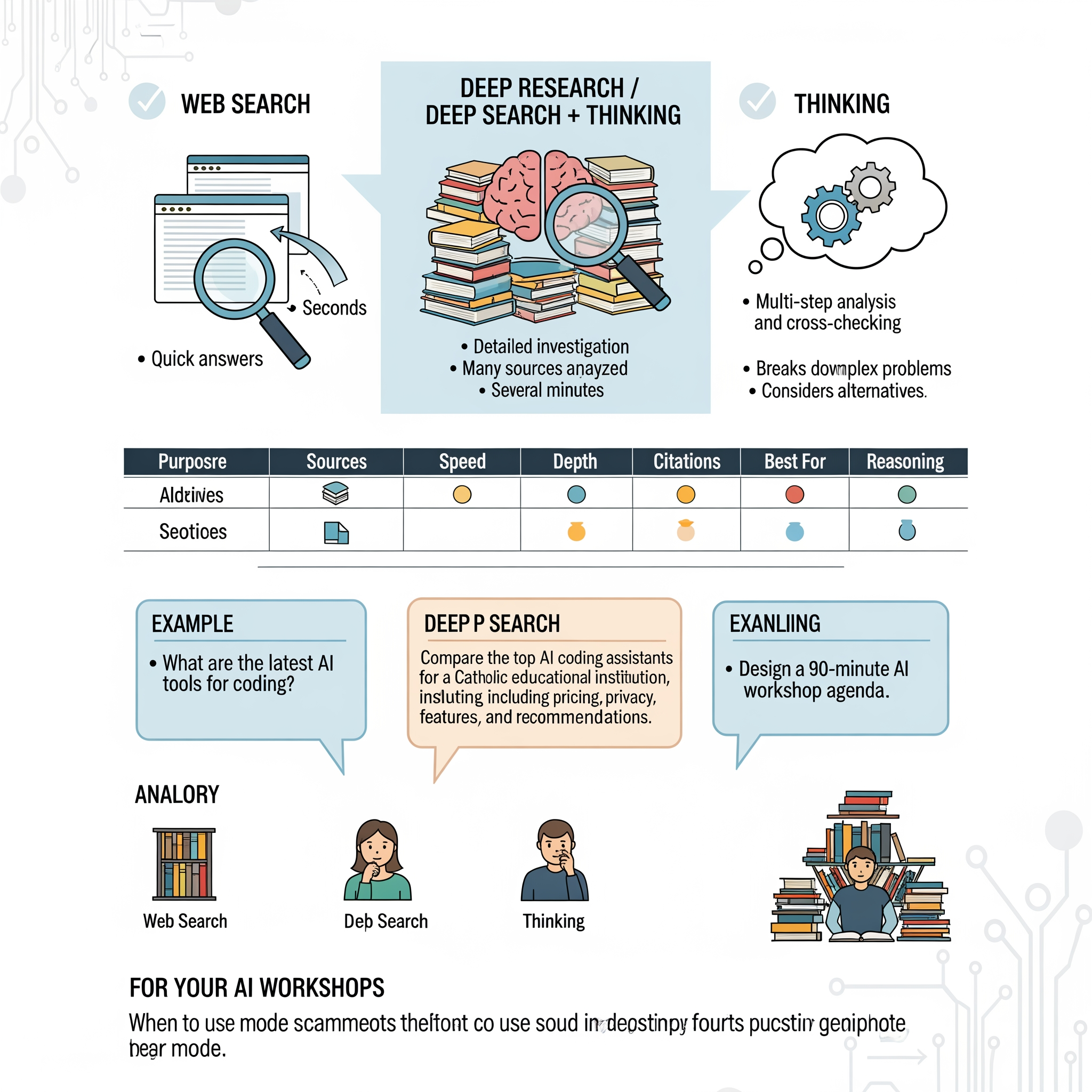 AI Design for The main difference is how deeply ChatGPT investigates a topic.

Feature	Web Search	Deep Research / Deep Search + Thinking
Purpose	Quick answers	Detailed investigation
Sources	A few relevant web pages	Many sources analyzed together
Speed	Seconds	Several minutes
Depth	Summary-level	Research-level
Citations	Basic citations	Extensive citations and source comparisons
Best For	News, facts, links, quick questions	Reports, comparisons, market research, academic-style analysis
Reasoning	Limited synthesis	Multi-step analysis and cross-checking
1. Web Search

When you ask:

"What are the latest AI tools for coding?"

Web Search quickly finds recent information and gives a concise answer with sources.

Good for:

Current news
Latest prices
Sports scores
Company information
Quick fact checking
2. Deep Search / Deep Research + Thinking

When you ask:

"Compare the top AI coding assistants for a Catholic educational institution, including pricing, privacy, features, and recommendations."

The system:

Searches many sources.
Reads and compares them.
Evaluates conflicting information.
Produces a structured report.
Provides detailed citations.

Good for:

Research projects
Business decisions
Academic work
Technology evaluations
Grant proposals
Strategic planning
3. Thinking

"Thinking" refers to spending more computation on reasoning before answering.

Example:

Normal Mode

Faster answer
Less analysis

Thinking Mode

Breaks down complex problems
Considers alternatives
Checks logic more carefully
Better for coding, math, planning, and problem-solving
Simple Analogy
Web Search = Asking a librarian for a quick answer.
Thinking = Sitting down and carefully solving the problem yourself.
Deep Research = Spending hours in a library reviewing many books and sources before writing a report.
For Your AI Workshops

Use:

Web Search → "Find the latest AI tools for 2026."
Thinking → "Design a 90-minute AI workshop agenda."
Deep Research → "Create a complete AI adoption roadmap for the Archdiocese, including tools, costs, training plans, and risks."

For professional presentations, workshops, research papers, and institutional planning, Deep Research generally produces the most comprehensive results.