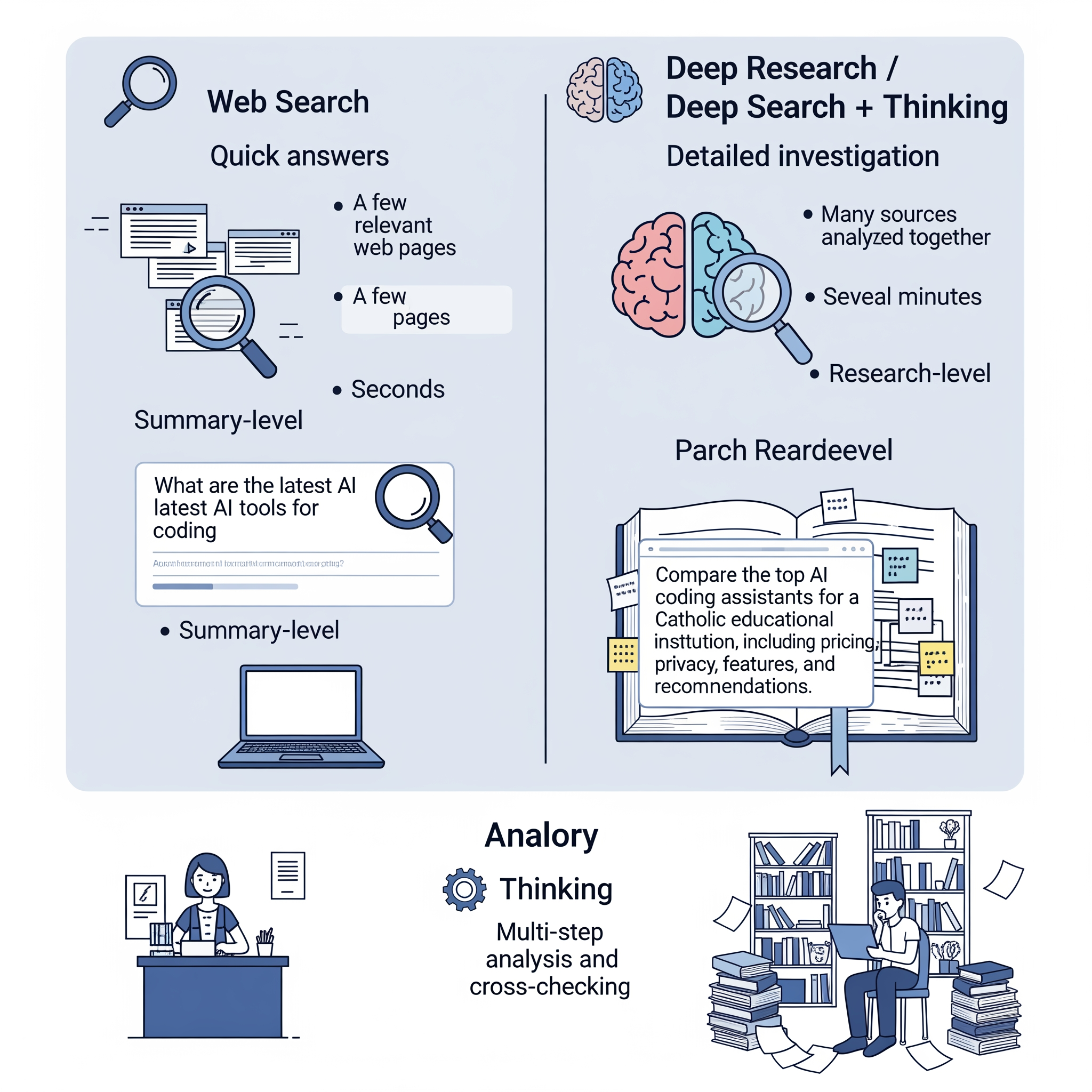 AI Design for The main difference is how deeply ChatGPT investigates a topic.

Feature	Web Search	Deep Research / Deep Search + Thinking
Purpose	Quick answers	Detailed investigation
Sources	A few relevant web pages	Many sources analyzed together
Speed	Seconds	Several minutes
Depth	Summary-level	Research-level
Citations	Basic citations	Extensive citations and source comparisons
Best For	News, facts, links, quick questions	Reports, comparisons, market research, academic-style analysis
Reasoning	Limited synthesis	Multi-step analysis and cross-checking
1. Web Search

When you ask:

"What are the latest AI tools for coding?"

Web Search quickly finds recent information and gives a concise answer with sources.

Good for:

Current news
Latest prices
Sports scores
Company information
Quick fact checking
2. Deep Search / Deep Research + Thinking

When you ask:

"Compare the top AI coding assistants for a Catholic educational institution, including pricing, privacy, features, and recommendations."

The system:

Searches many sources.
Reads and compares them.
Evaluates conflicting information.
Produces a structured report.
Provides detailed citations.

Good for:

Research projects
Business decisions
Academic work
Technology evaluations
Grant proposals
Strategic planning
3. Thinking

"Thinking" refers to spending more computation on reasoning before answering.

Example:

Normal Mode

Faster answer
Less analysis

Thinking Mode

Breaks down complex problems
Considers alternatives
Checks logic more carefully
Better for coding, math, planning, and problem-solving
Simple Analogy
Web Search = Asking a librarian for a quick answer.
Thinking = Sitting down and carefully solving the problem yourself.
Deep Research = Spending hours in a library reviewing many books and sources before writing a report.
For Your AI Workshops

Use:

Web Search → "Find the latest AI tools for 2026."
Thinking → "Design a 90-minute AI workshop agenda."
Deep Research → "Create a complete AI adoption roadmap for the Archdiocese, including tools, costs, training plans, and risks."

For professional presentations, workshops, research papers, and institutional planning, Deep Research generally produces the most comprehensive results.