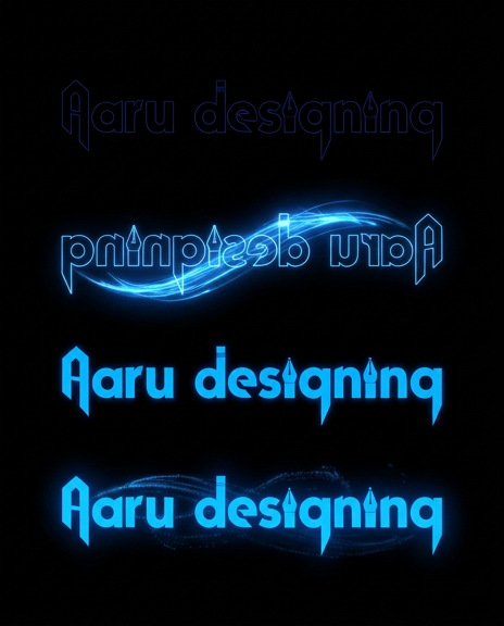 AI Design for Black background. The "Aaru Designing" logo flips horizontally with a dynamic whoosh sound effect. Blue neon outlines appear first, then fill into solid blue letters. Quick 3-second animation, Instagram reel style, modern graphic design branding, smooth motion.